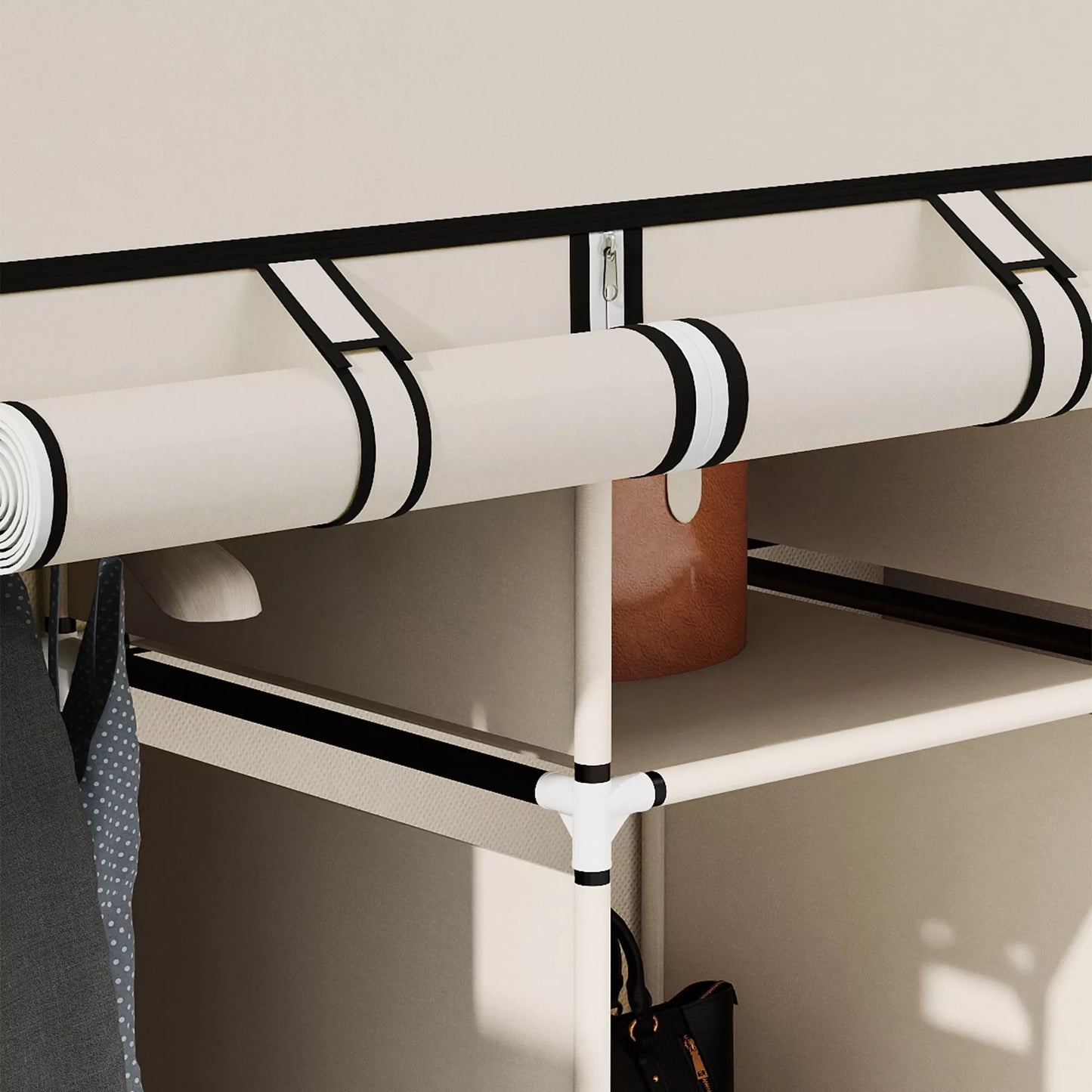 Audinio spinta, sprendimas laikymui, 8 lentynos, 2 drabužių kabyklos, kreminės baltos