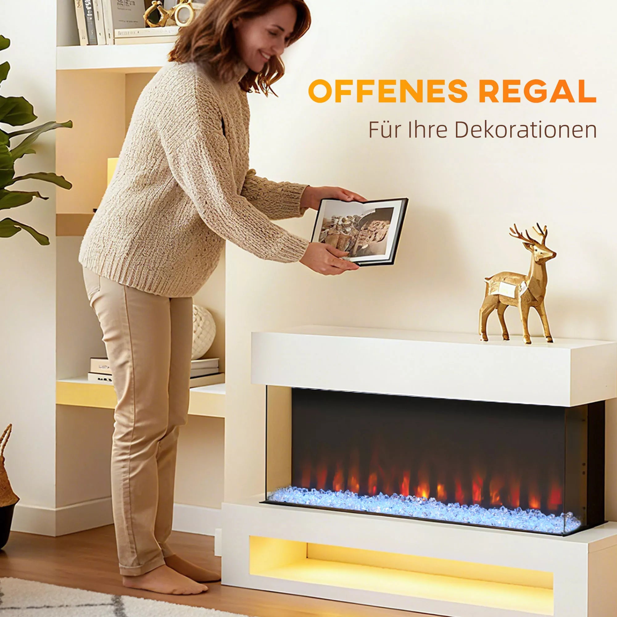 Elektrinis židinys su 11 liepsnos spalvų, 10 kristalų lovos spalvų, 1000 W/2000 W, nuotolinio valdymo pultas, universalus, baltas