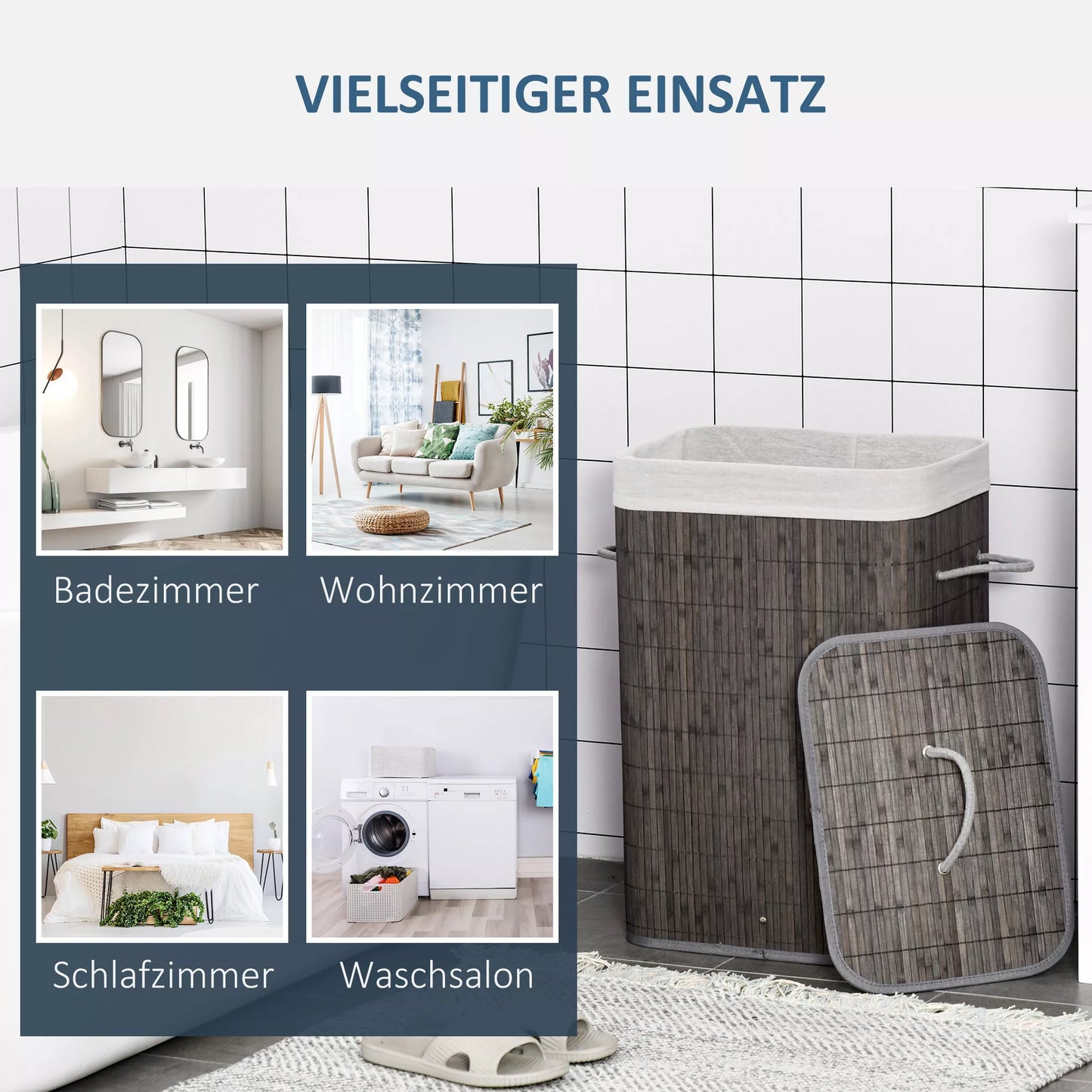 HOMCOM Skalbinių krepšys su rankenomis ir skalbinių maišeliu, kurį galima skalbti, rotango, poliesterio, medvilnės, metalo, 43I x 32P x 61A cm, pilkas