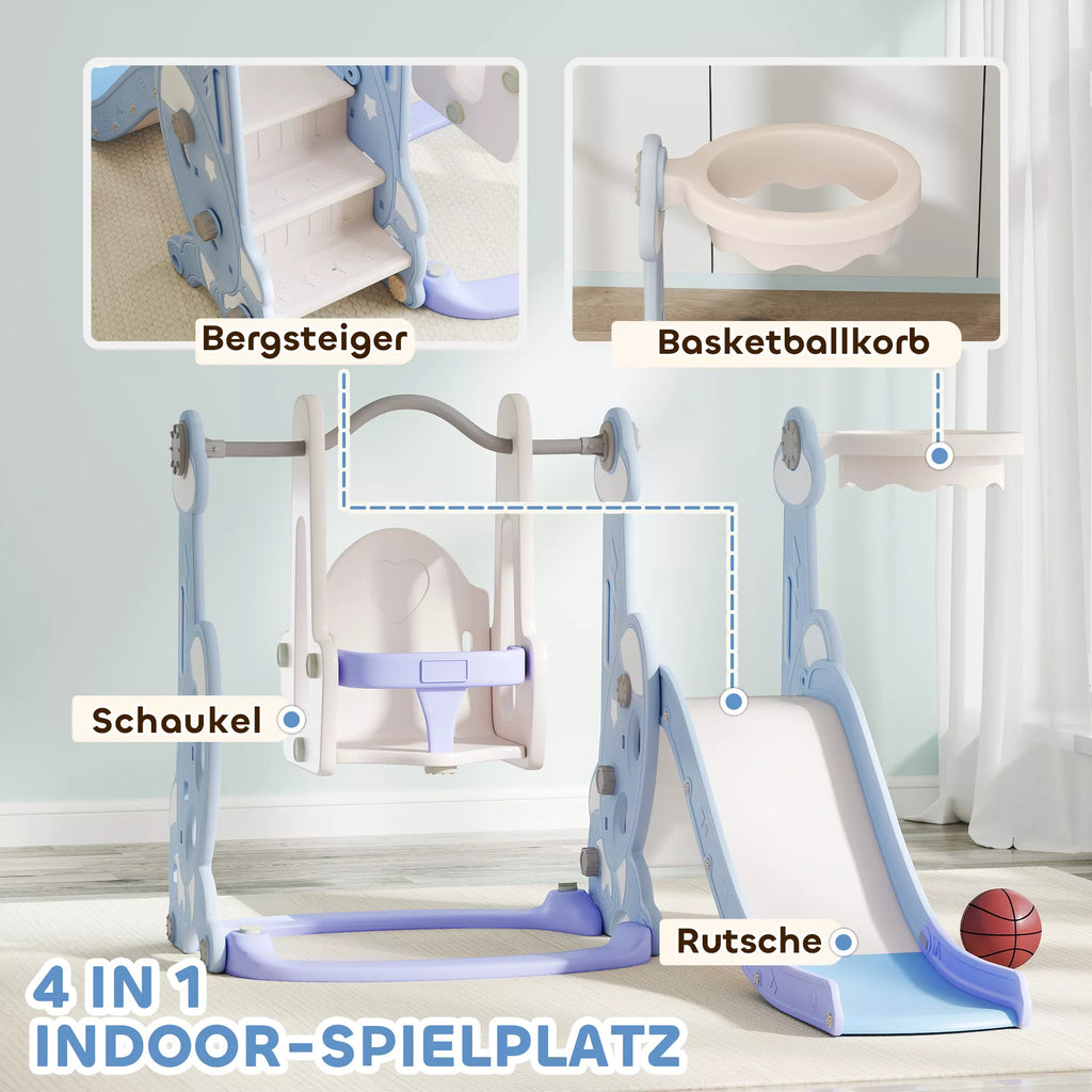 4-in-1 vidaus žaidimų aikštelė, čiuožyklos ir sūpynių rinkinys mažiems vaikams, krepšinio lankas, raketės dizainas, plastikas, šviesiai mėlyna spalva