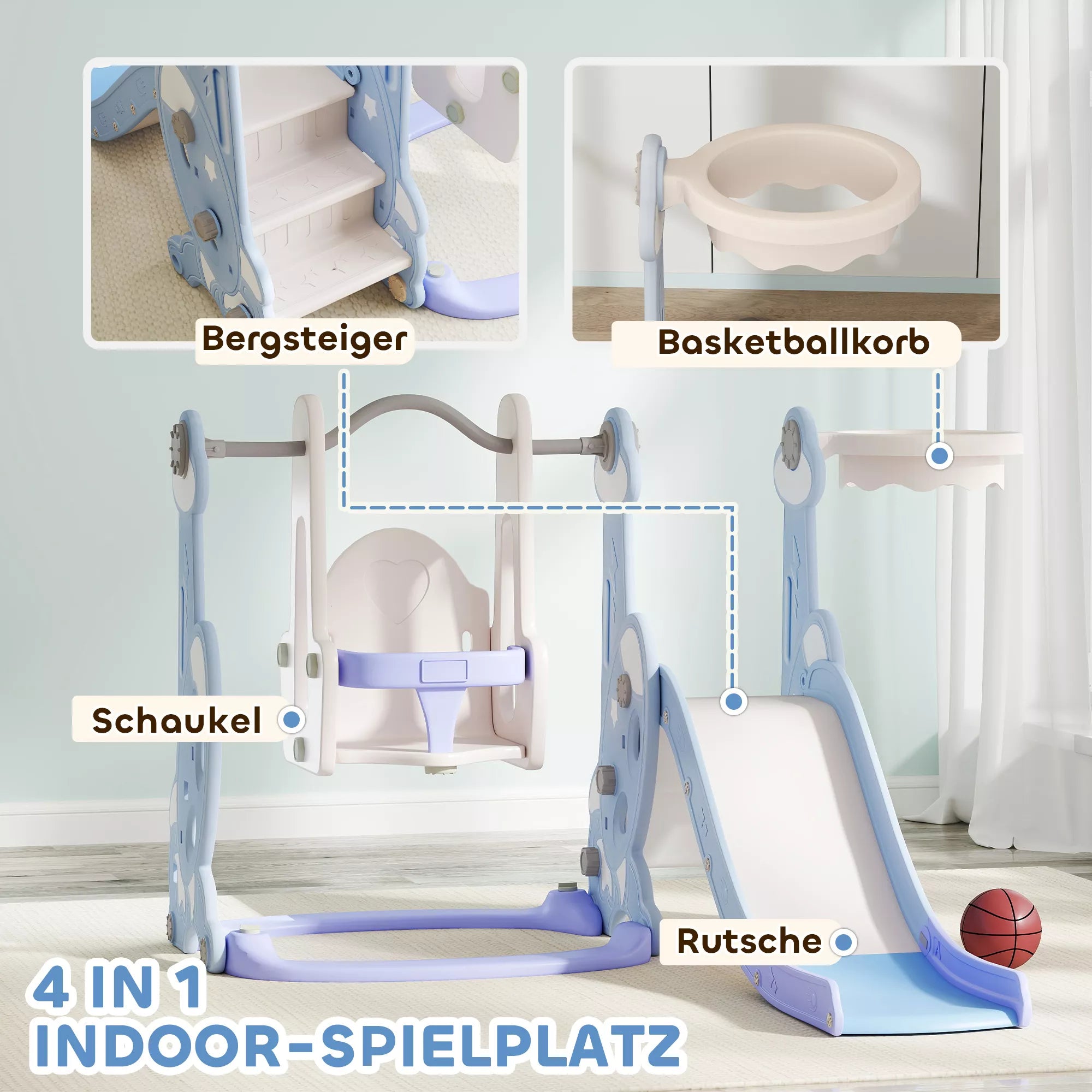 4-in-1 vidaus žaidimų aikštelė, čiuožyklos ir sūpynių rinkinys mažiems vaikams, krepšinio lankas, raketės dizainas, plastikas, šviesiai mėlyna spalva