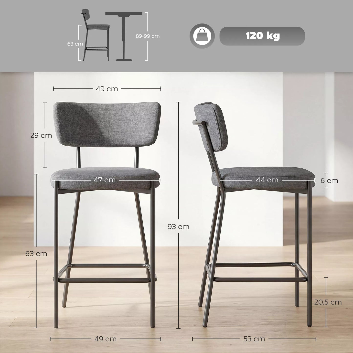 Baro kėdžių komplektas, minkštos baro kėdės su išlenktu atlošu, plienas ir tekstilė bei putų poliuretanas, 2 vnt., pilka