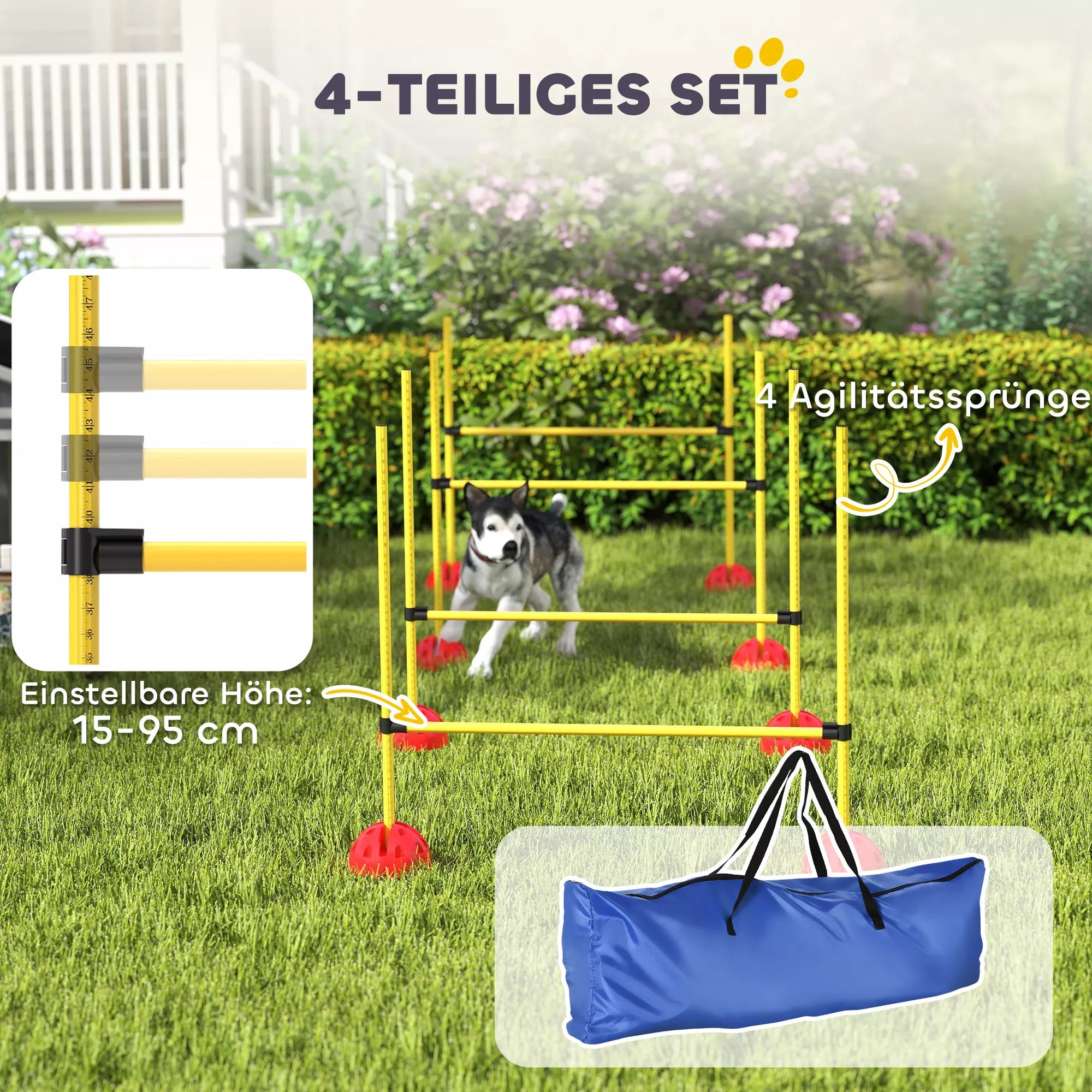 Šunų dresūros ir agility rinkinys, 4 reguliuojamos kliūtys su krepšiu