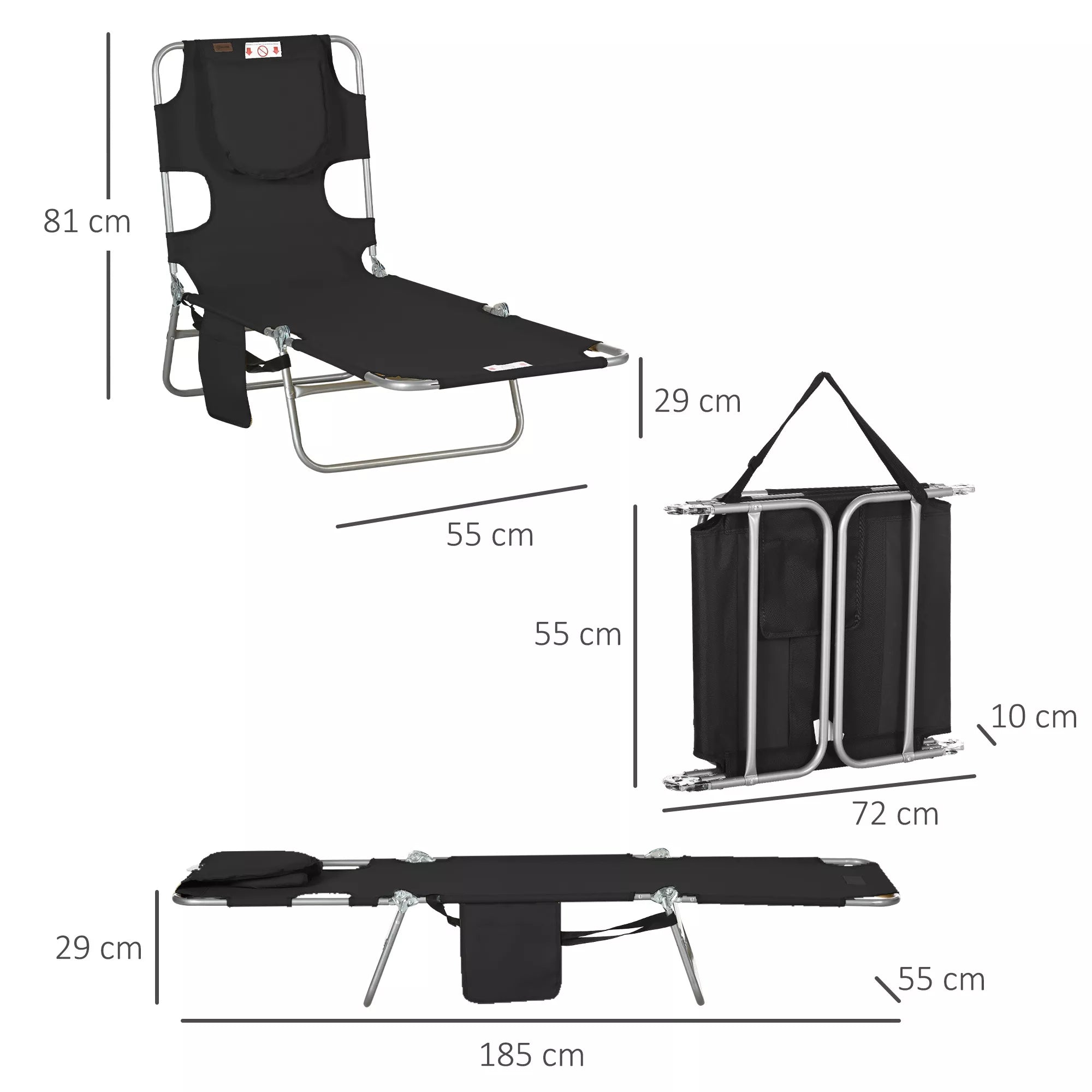 Gulto matmenys: ilgis 185 cm, plotis 55 cm, atlošo aukštis 81 cm, sulankstyto storis 29 cm