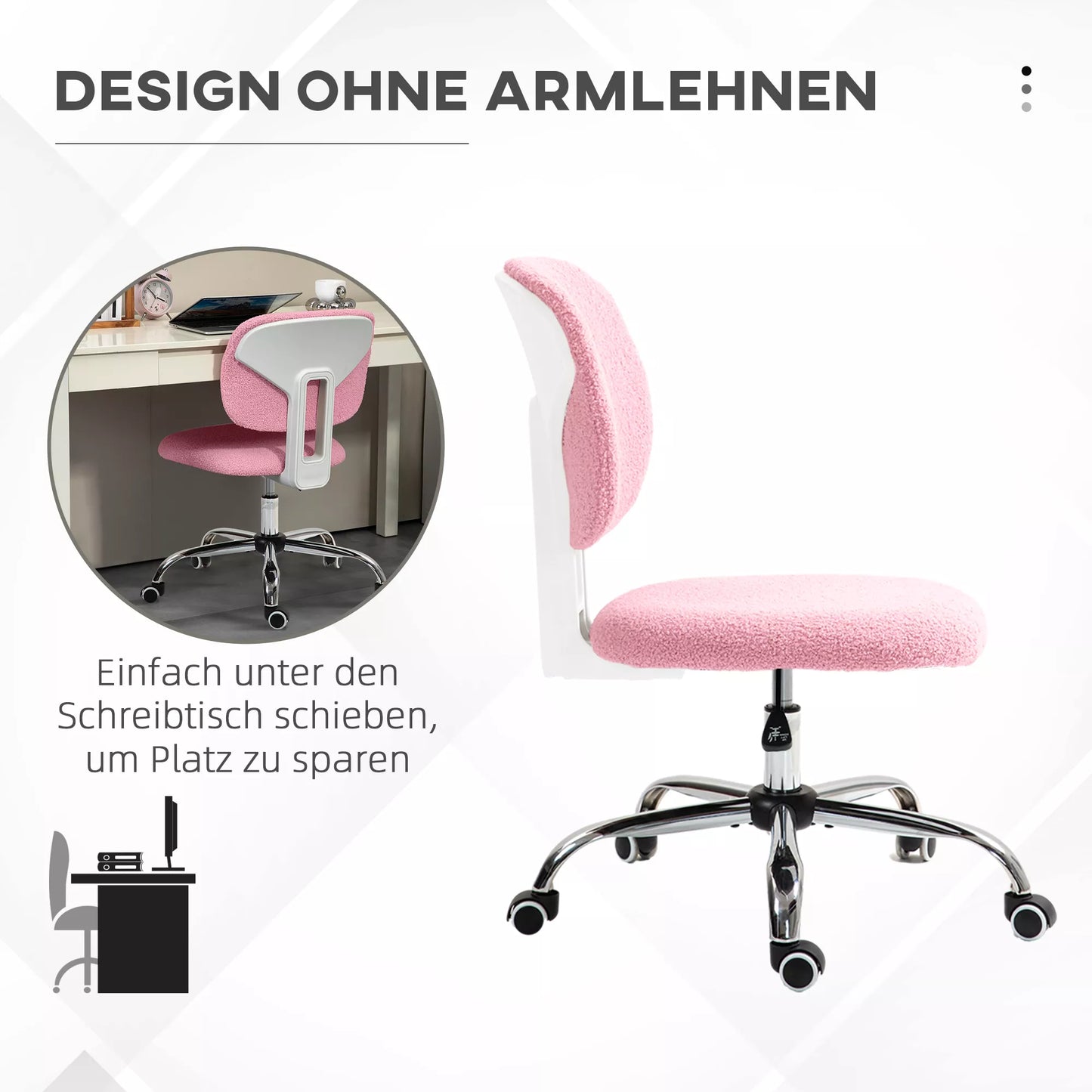 Biuro kėdė, Kompiuterio kėdė, sukinė, reguliuojamo aukščio, 48 cm x 53 cm x 80-90 cm, Rožinė