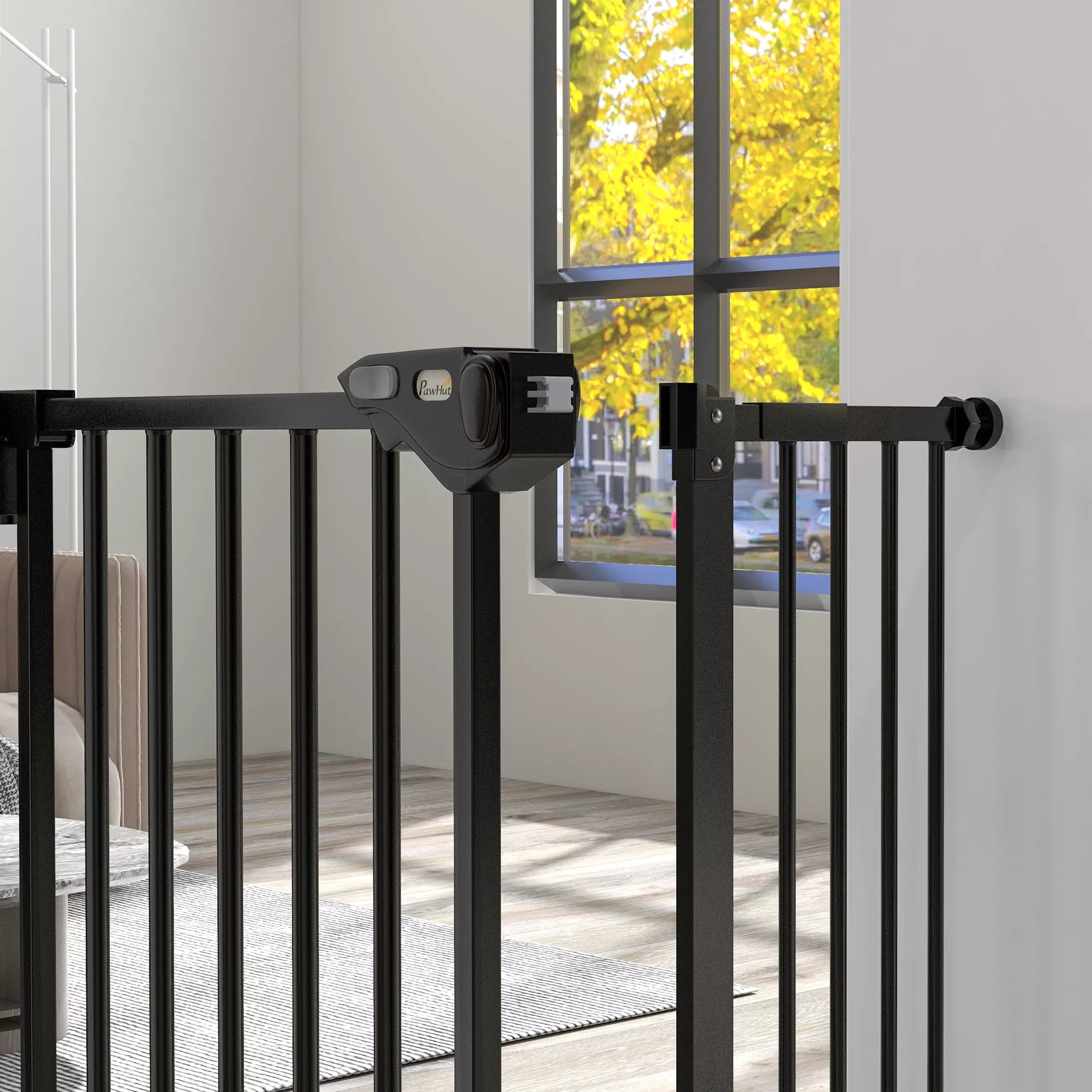 Durų apsauginės grotelės šunims, užtvaros, apsauginės grotelės naminiams gyvūnams, metalas, plastikas, 74–80/87–94 cm, juodos spalvos