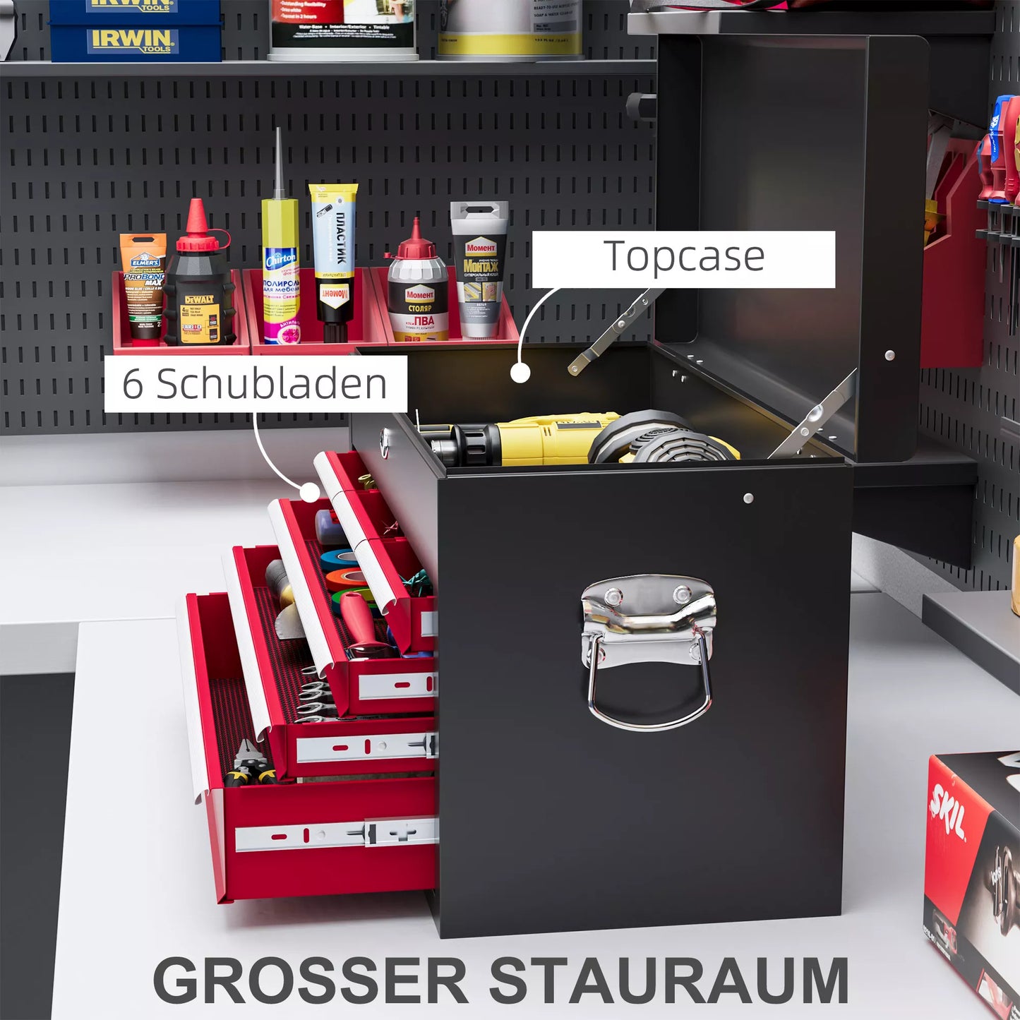 Įrankių dėžė, užrakinama, 3 stalčiai, plieninis korpusas, 60x26x34cm, Raudona+Juoda