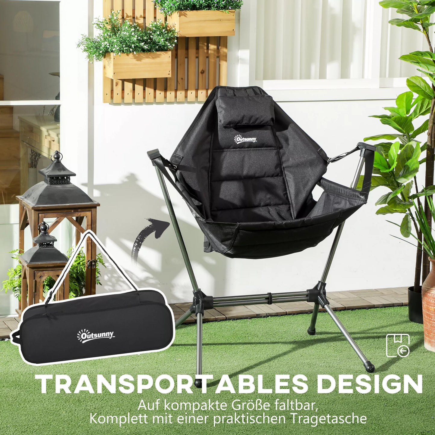 Kempingo supamasis krėslas, sulankstomas, su reguliuojamu atlošu, aliuminio rėmas, 54 x 100 x 101 cm, Juodas