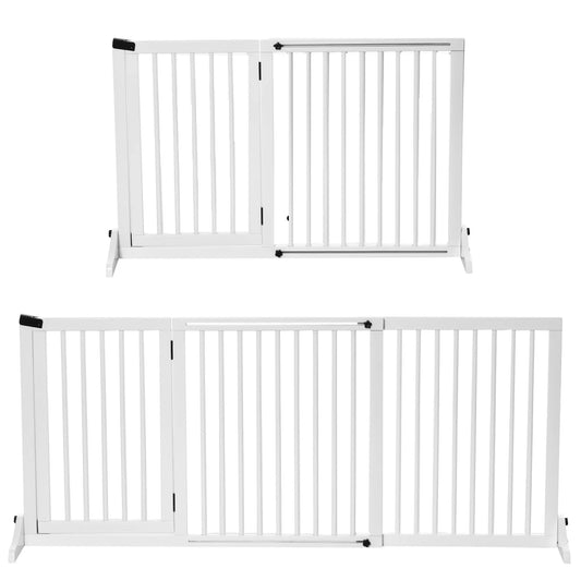 PawHut Medinis laisvai pastatomas šunų atitvaras su durelėmis, konfigūruojamas, tinka židiniui ir krosnelei, baltas 113-166 x 36 x 71 cm