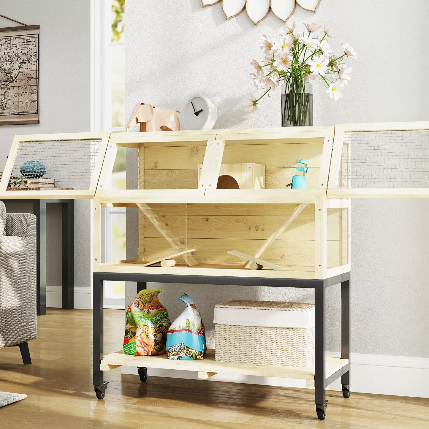 Medinis nykštukinių žiurkių narvelis su daiktų dėtuve, ratukais, rampos, vandens buteliuku, nameliu, sūpynėmis, 87 x 43 x 101 cm