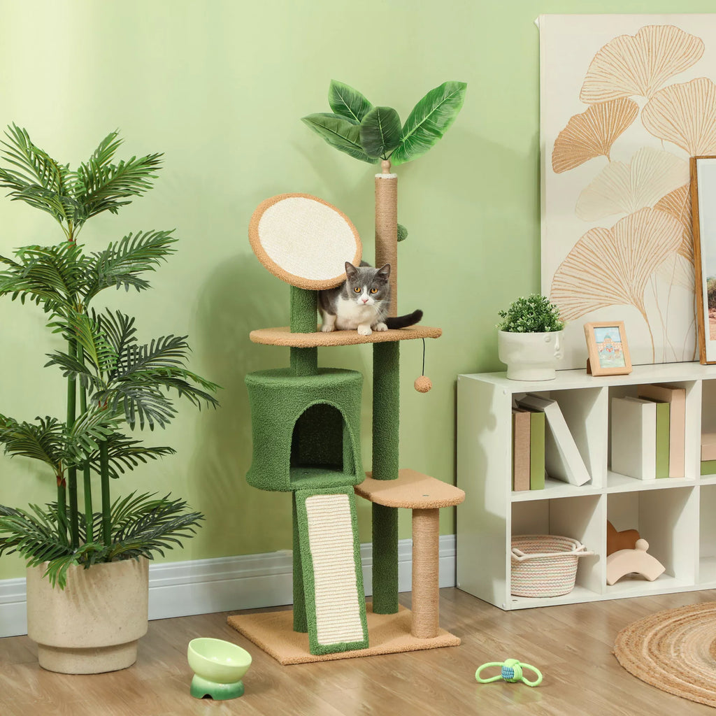 Kratzbaum, 139 cm kačių medis su urvu, žaisliniais kamuoliukais, sizalio nagų galandimo stulpeliais ir platformomis, skirtas dviem katėms, žalias