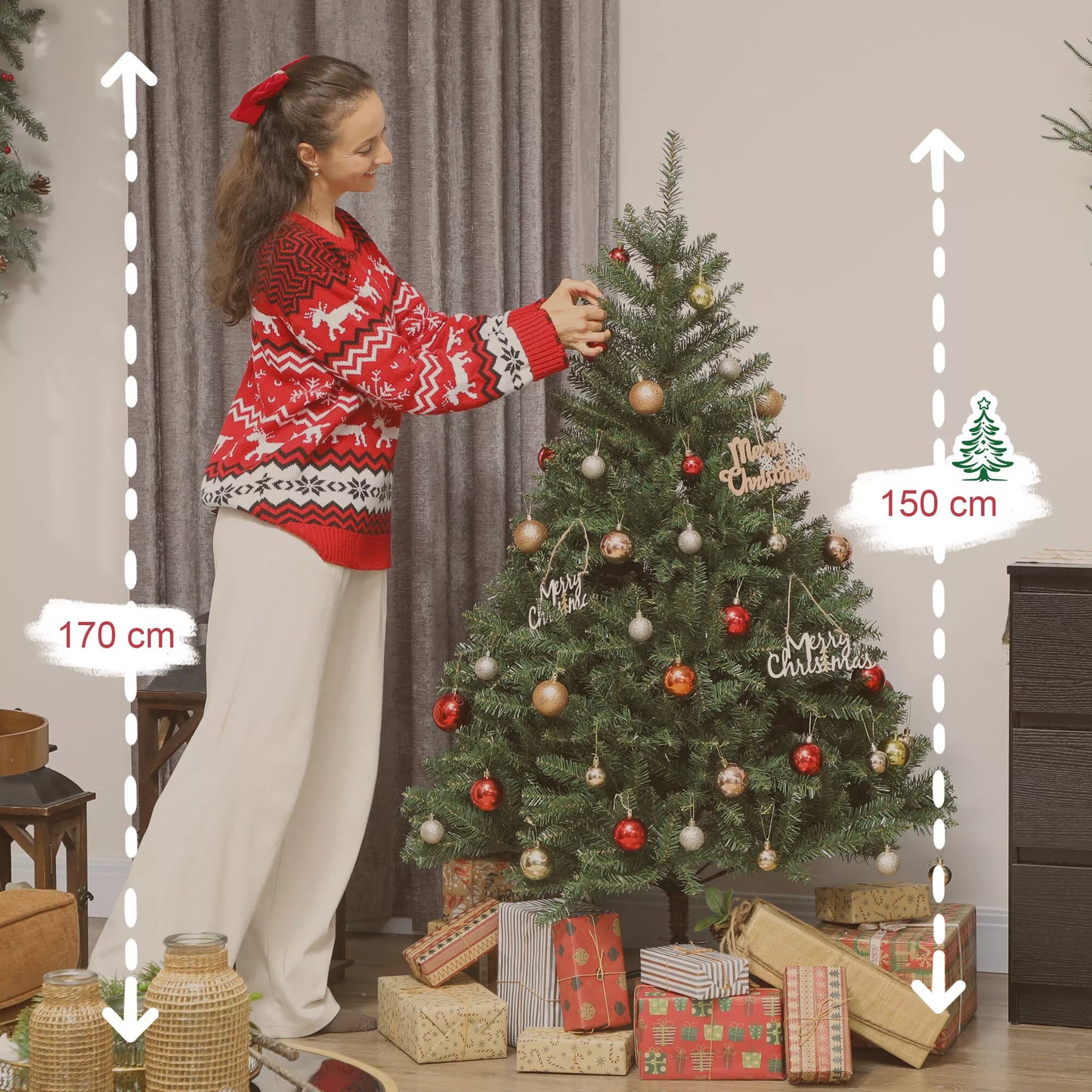 Dirbtinė Kalėdų eglė, 150 cm, su sulankstomomis šakomis, metaliniu stovu, universali, žalia