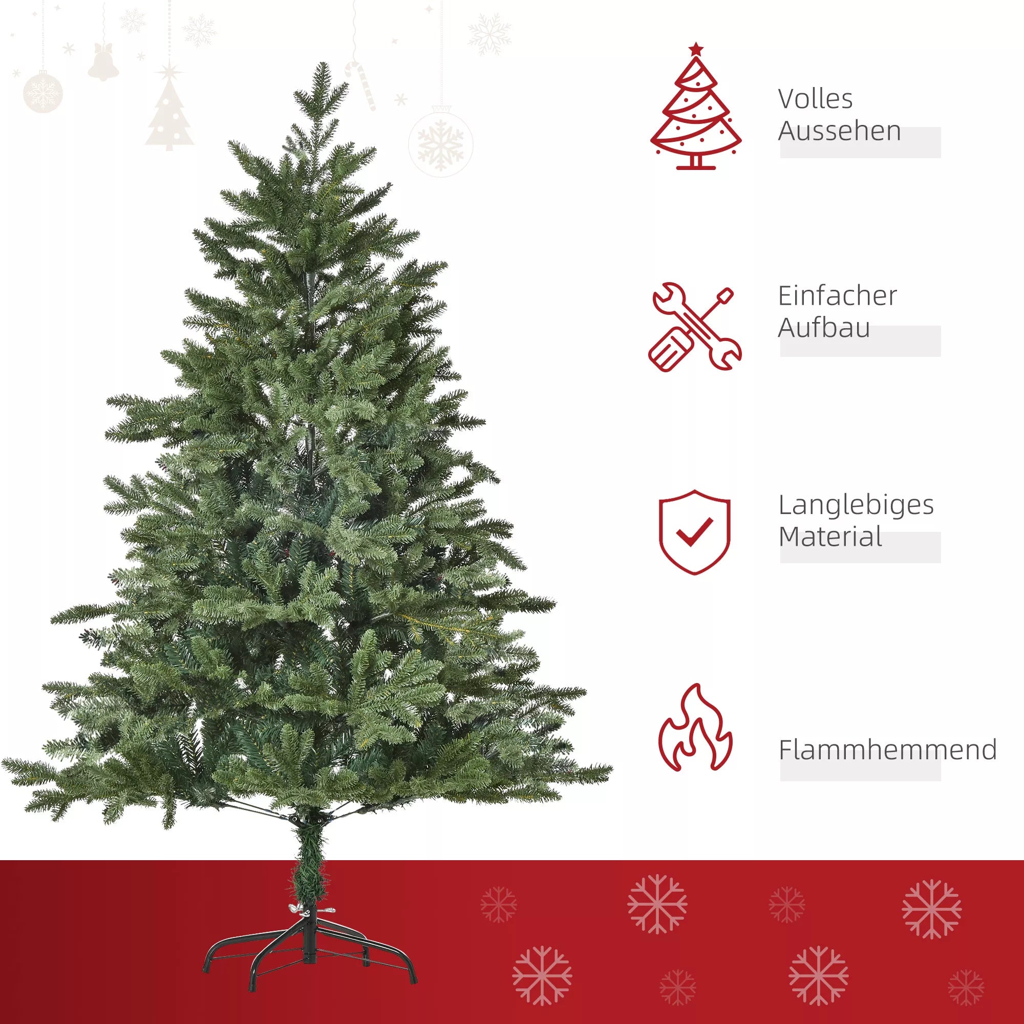 Dirbtinė Kalėdų eglutė 150 cm Dirbtinė eglutė su 444 viršūnėmis, 3 skirtingų formų lapais, ugniai atspari Kalėdų eglutė su metaliniu stovu, skirta naudoti patalpose