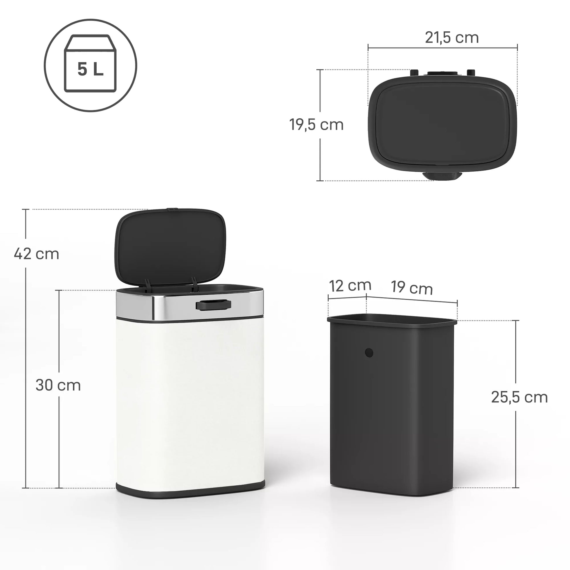 5 L šiukšliadėžė, pastatoma laisvai arba pakabinama, nerūdijantis plienas, kreminės baltos spalvos