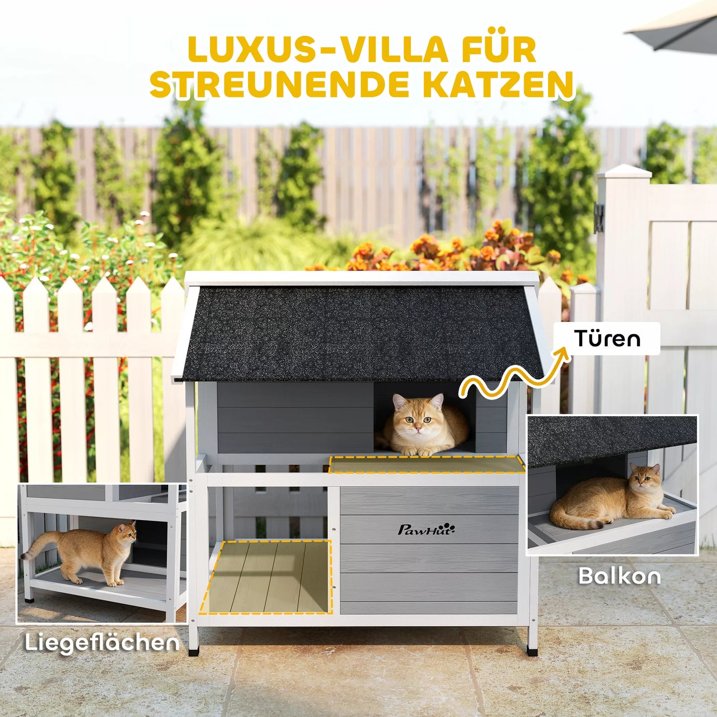 Lauko katės namelis, prieglobstis lauke, atsparus vandeniui, atidaromas stogas, eglės mediena, 80 x 93 x 95, pilkos spalvos