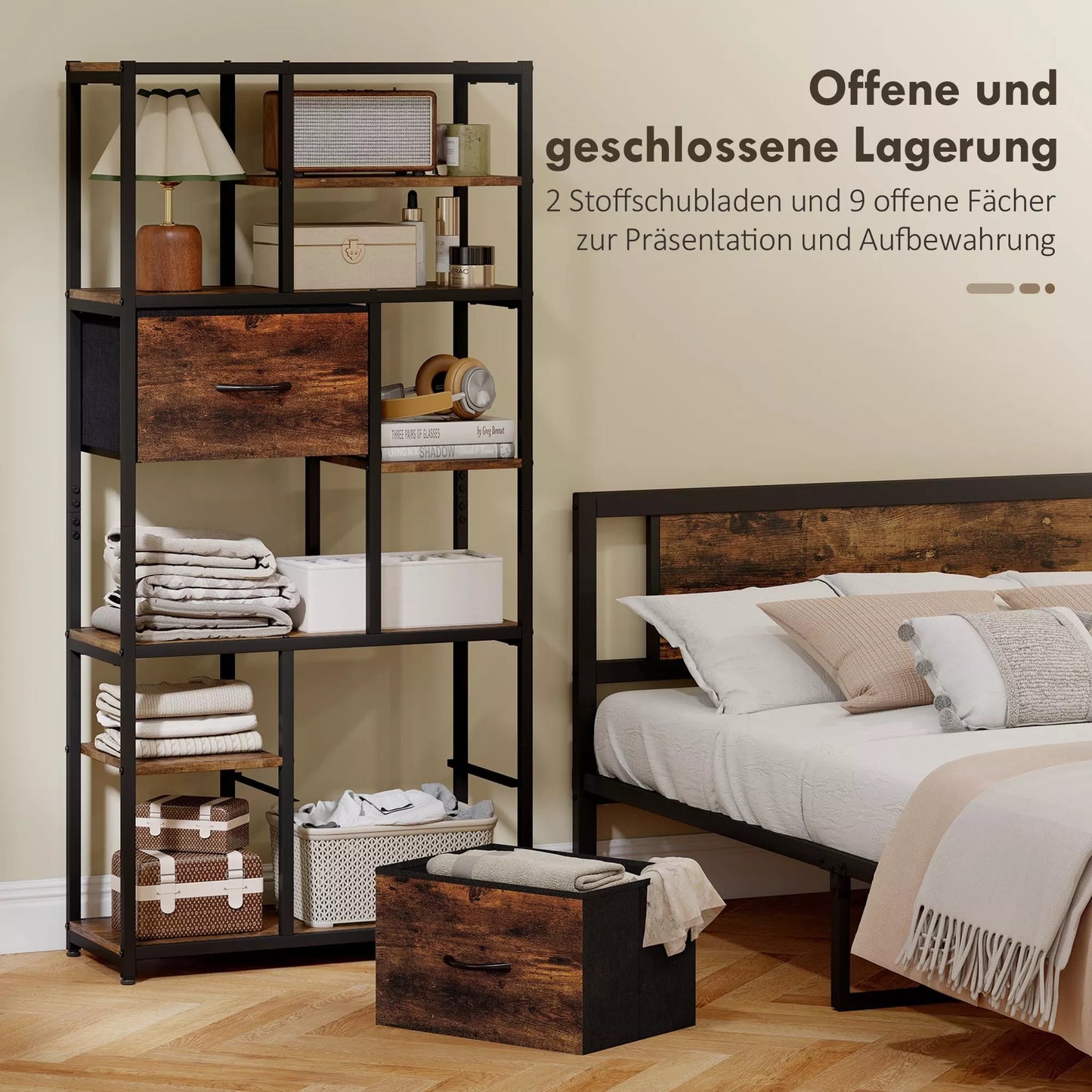 Laikymo lentyna, 2 audinio stalčiai, 9 atviros lentynos, laisvai pastatoma lentyna su plieniniu rėmu, Ruda+Juoda