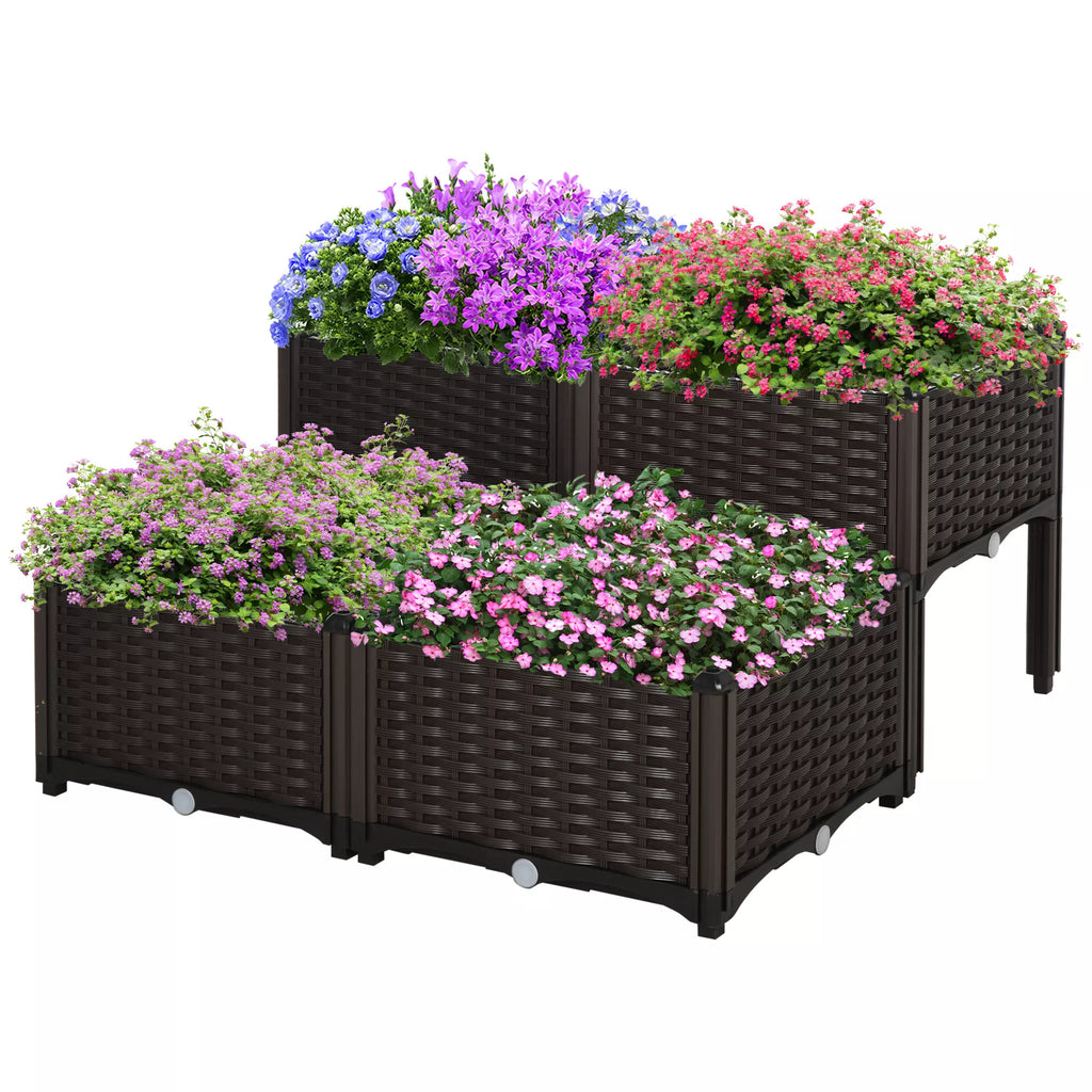 Rudos rotango imitacijos plastikinės vazonų dėžės, sustatytos pakopomis