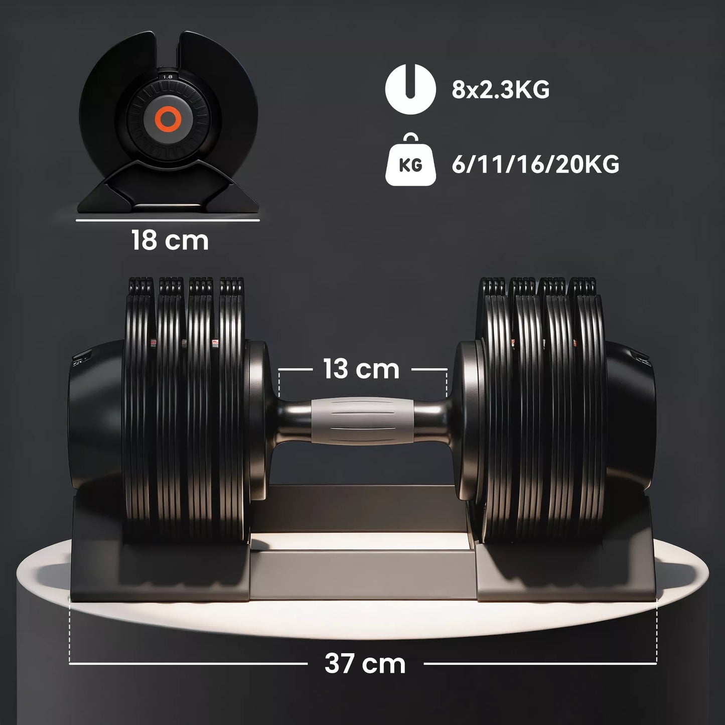 Reguliuojamas viengubas hantelis, 6/11/16/20 kg hantelis su laikymo skyriumi, su neslystančiais rankenomis, juodos spalvos