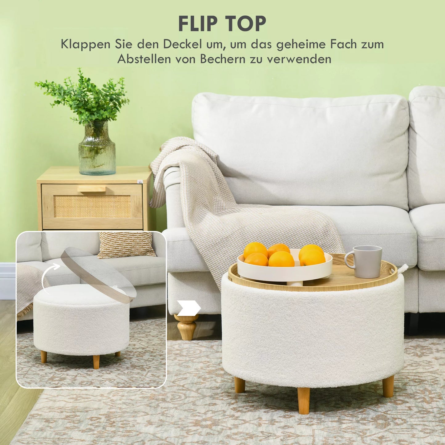 Pufas, Teddy vilnos audinys, paslėpta daiktadėžė, atverčiamas dangtis, 56 cm x 56 cm x 42 cm, baltas