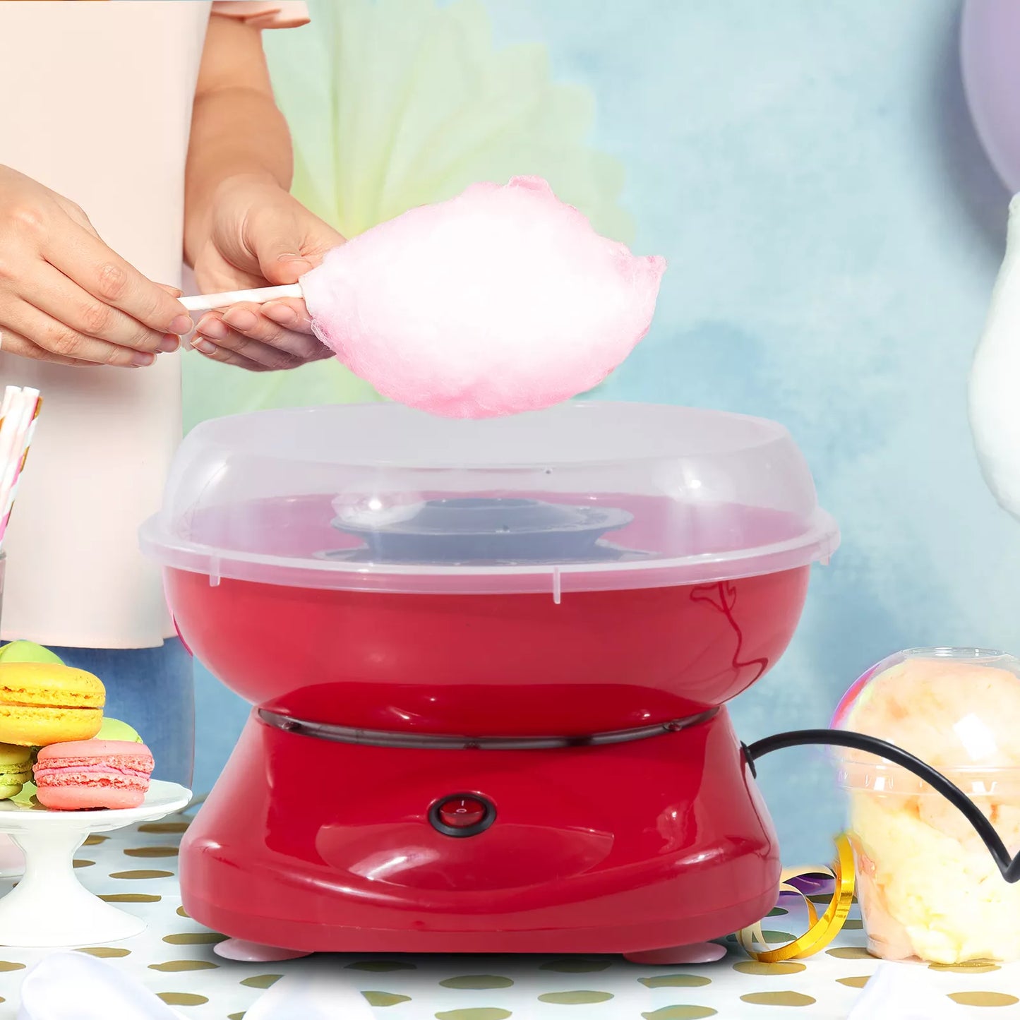 Cukraus vatos aparatas namams Cotton Candy Machine Cukraus vatos aparatas su lazdelėmis ir matavimo šaukštu Aukštis 18 cm 550 W Vaikų šventėms, gimtadieniams, vakarėliams Raudonas