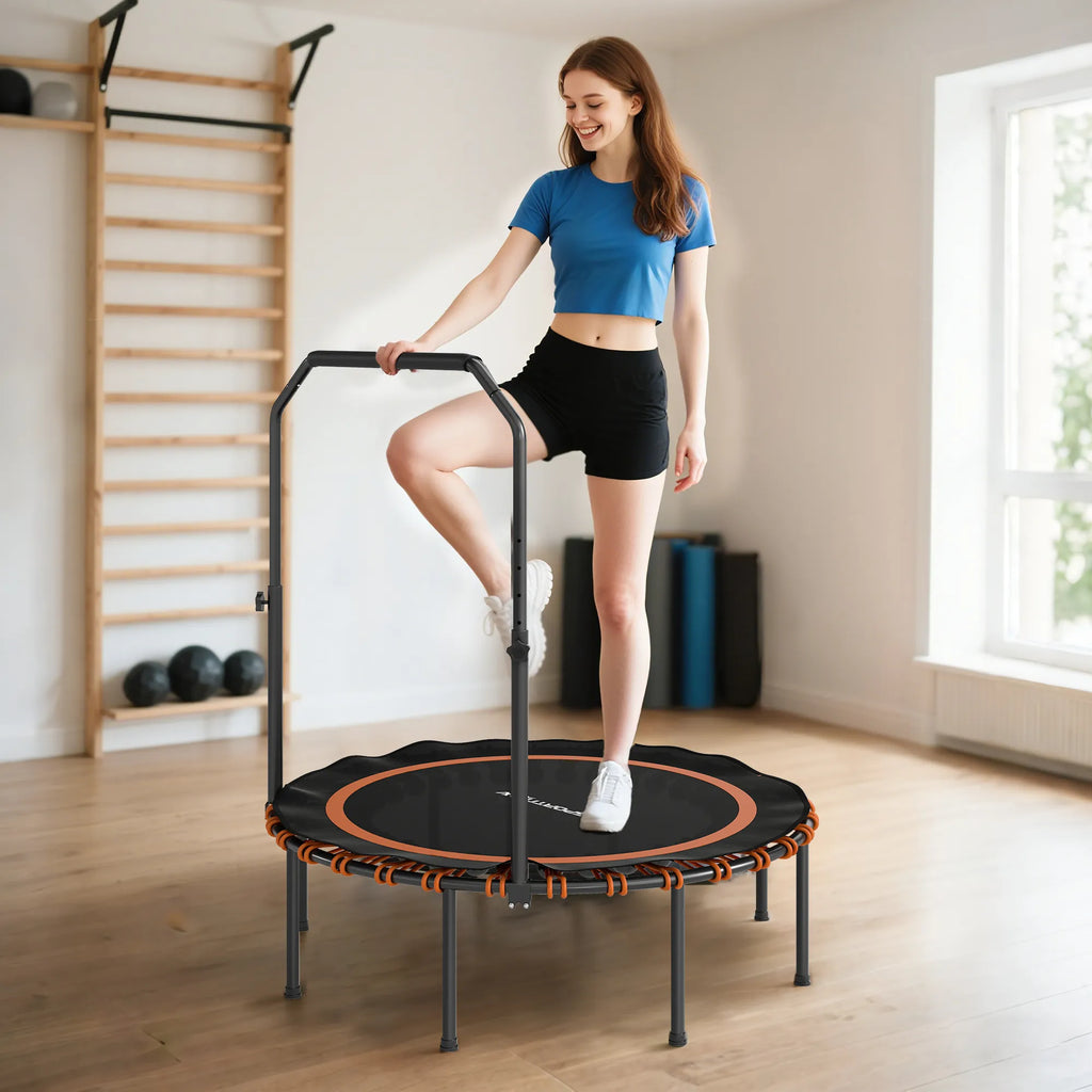 Fitness batutas su reguliuojamu turėklu, sportinis batutas naudoti viduje ir lauke, plienas, plastikas, oranžinis