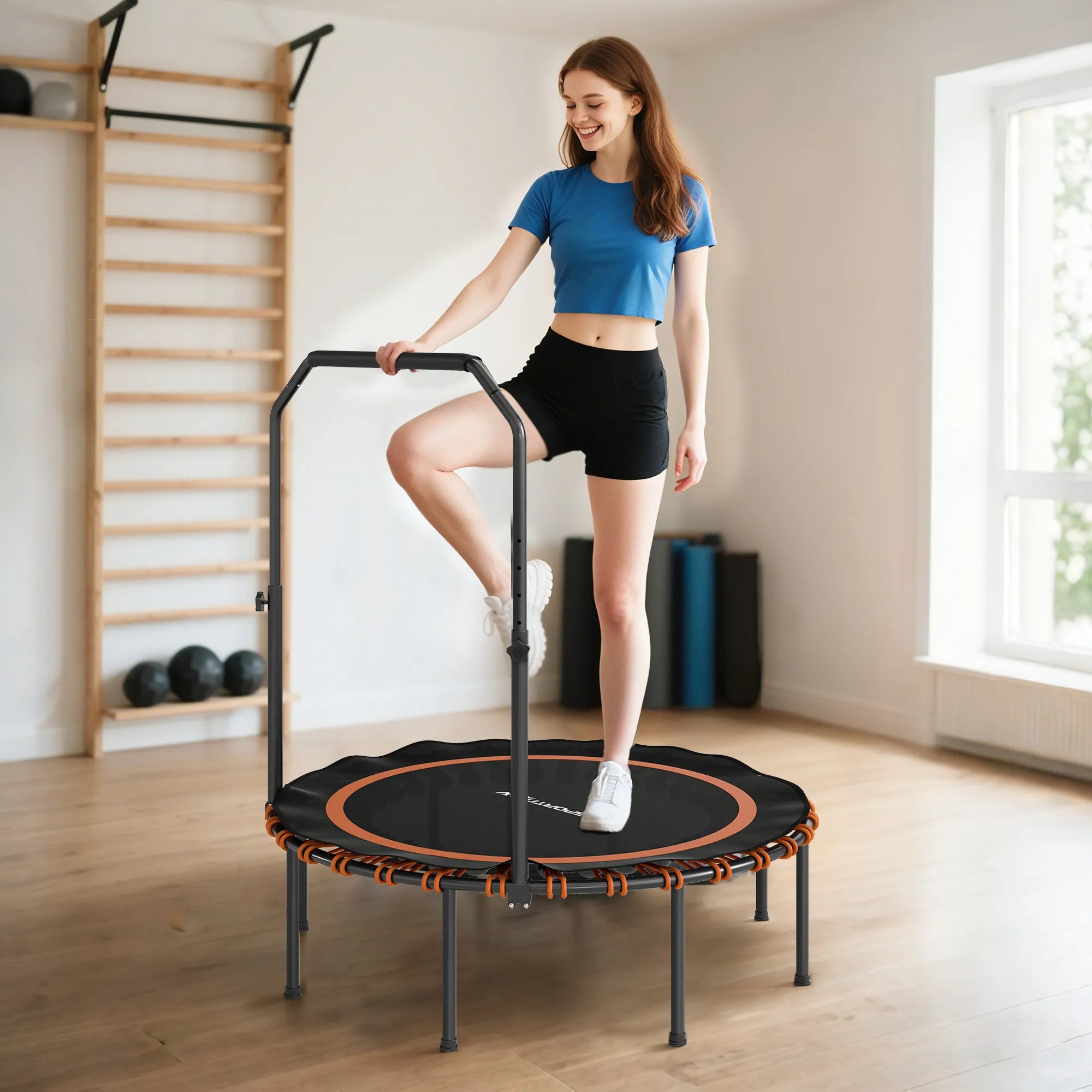 Fitness batutas su reguliuojamu turėklu, sportinis batutas naudoti viduje ir lauke, plienas, plastikas, oranžinis