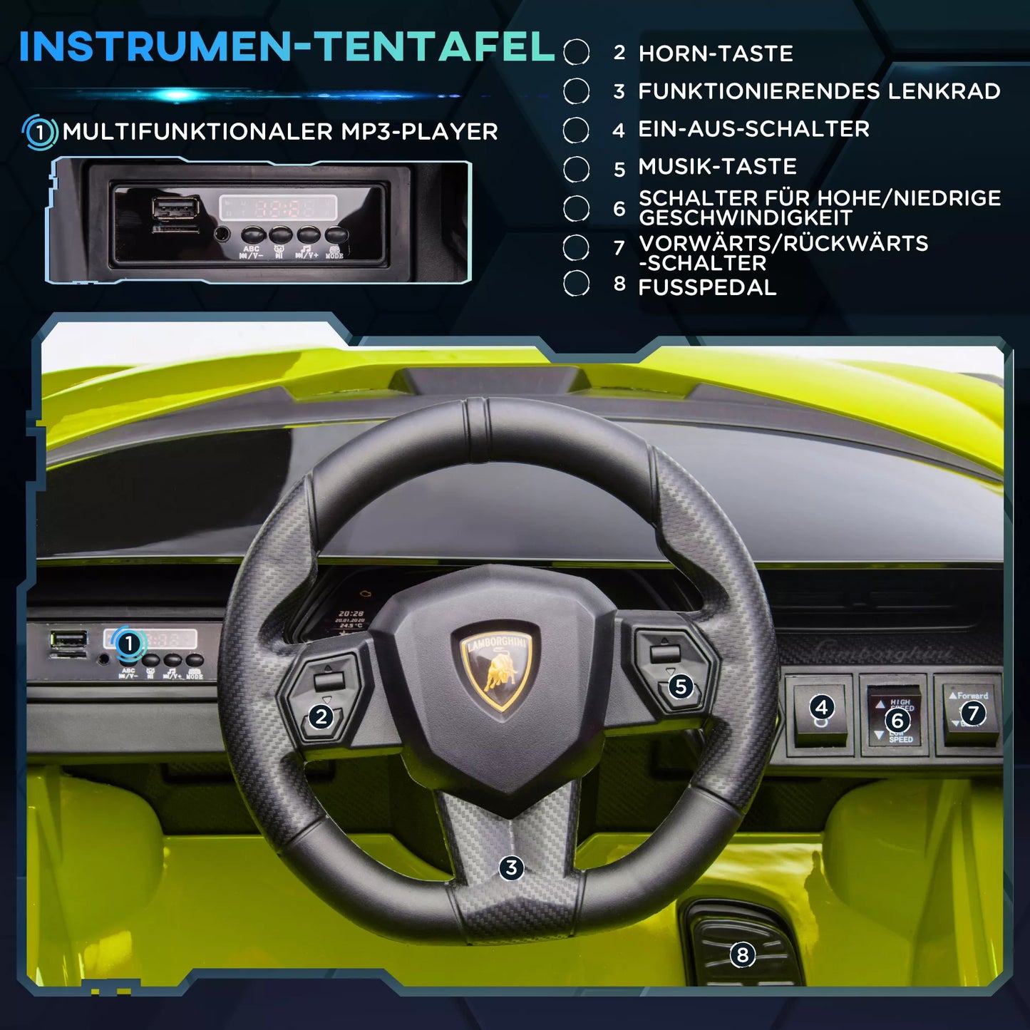 Vaikų elektromobilis Lamborghini, 3-5 km/h, su nuotolinio valdymo pultu, 3–5 metų vaikams, žalias