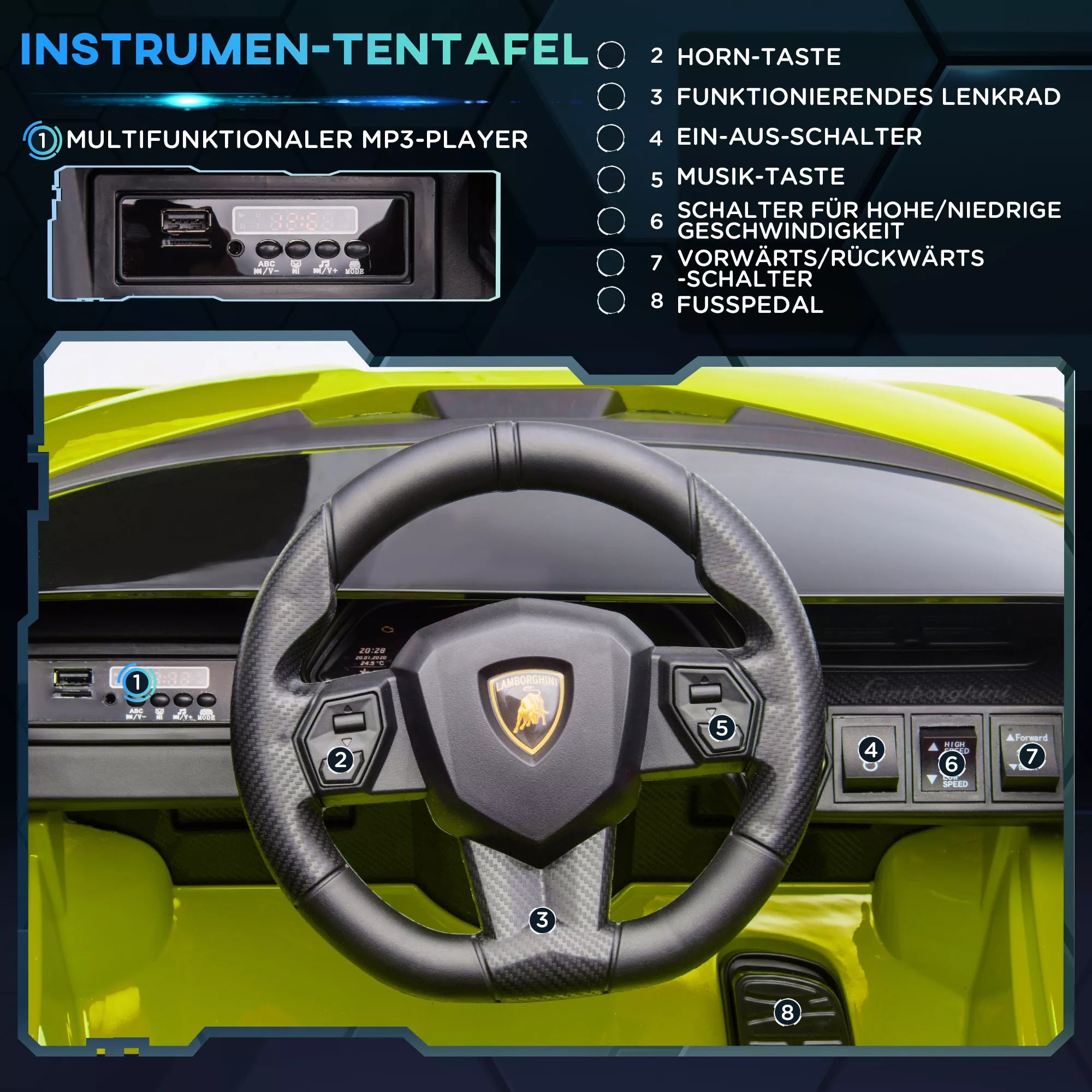 Vaikų elektrinis automobilis, Lamborghini, 3–5 km/h, nuotolinis valdymas, skirtas 3–5 metų vaikams, žalias