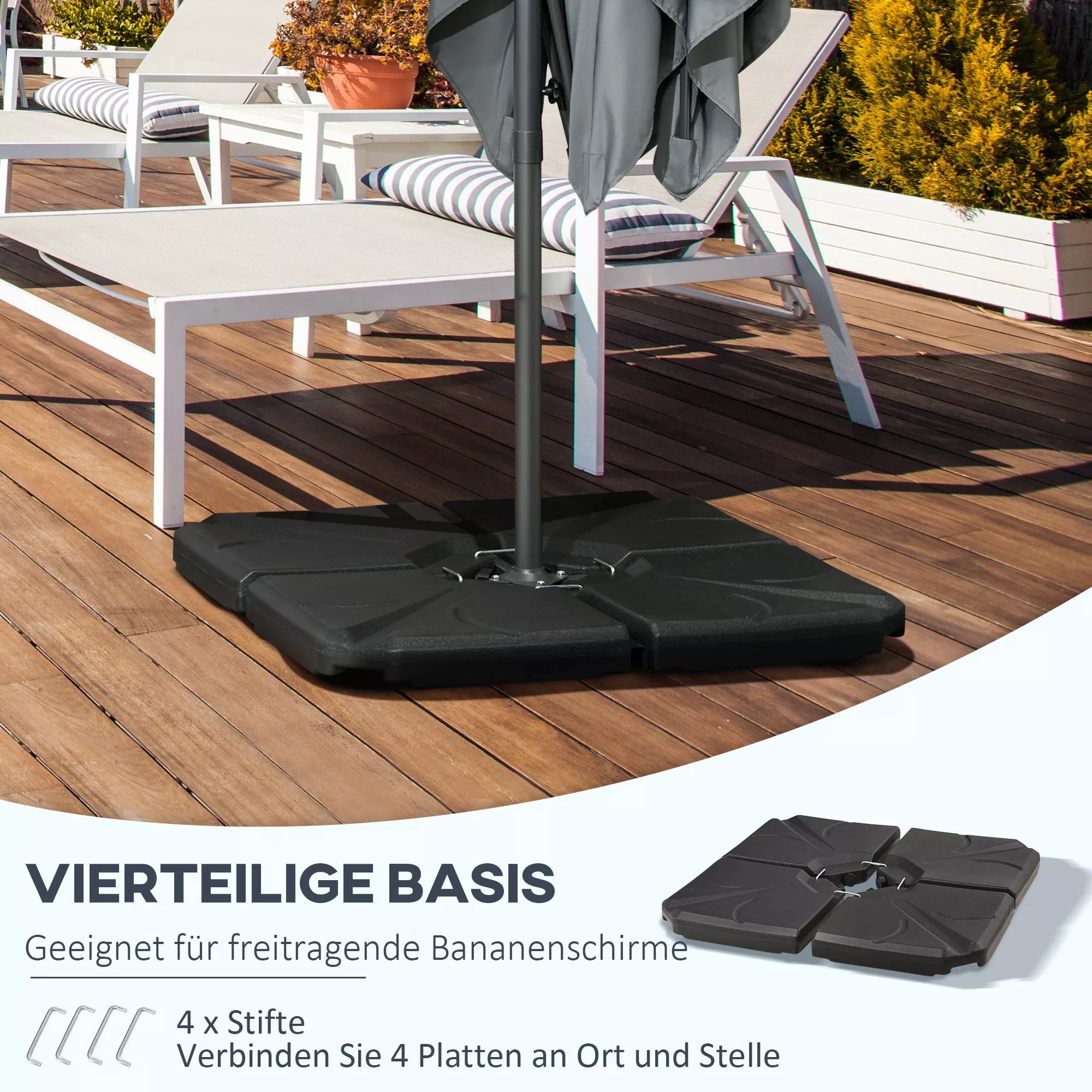 Pagrindiniai svoriai skėčių stovams, užpildomi vandeniu ir smėliu, plastikiniai, 103L x 103B x 8,3H cm, juodi