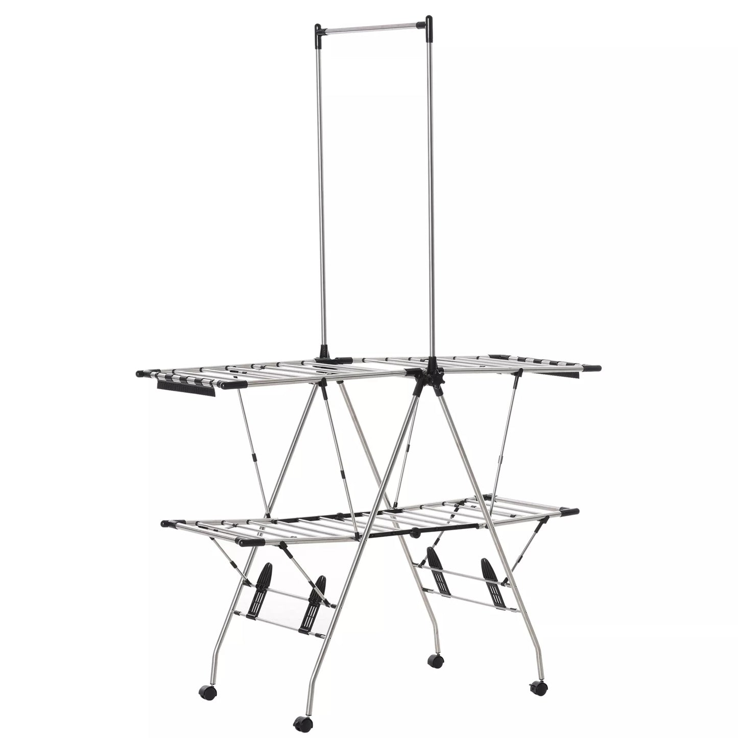 HOMCOM Drabužių džiovykla 1,385 m džiovinimo ilgio, nešiojama stovimoji džiovykla su teleskopinėmis atramomis, ratukais ir stabdžiais, skalbinių džiovintuvas sparneliais, vidui ir laukui, sidabrinė+juoda