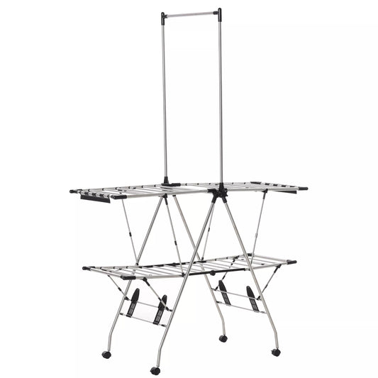 HOMCOM Drabužių džiovykla 1,385 m džiovinimo ilgio, nešiojama stovimoji džiovykla su teleskopinėmis atramomis, ratukais ir stabdžiais, skalbinių džiovintuvas sparneliais, vidui ir laukui, sidabrinė+juoda