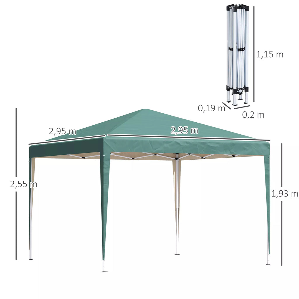 Schema su paviljono matmenimis: 2,95 × 2,95 m, aukštis 2,55 m, sulankstytas 1,15 m