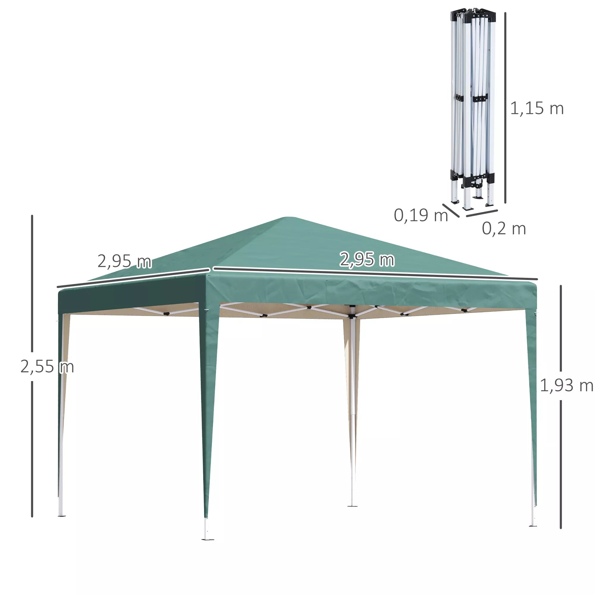 Schema su paviljono matmenimis: 2,95 × 2,95 m, aukštis 2,55 m, sulankstytas 1,15 m