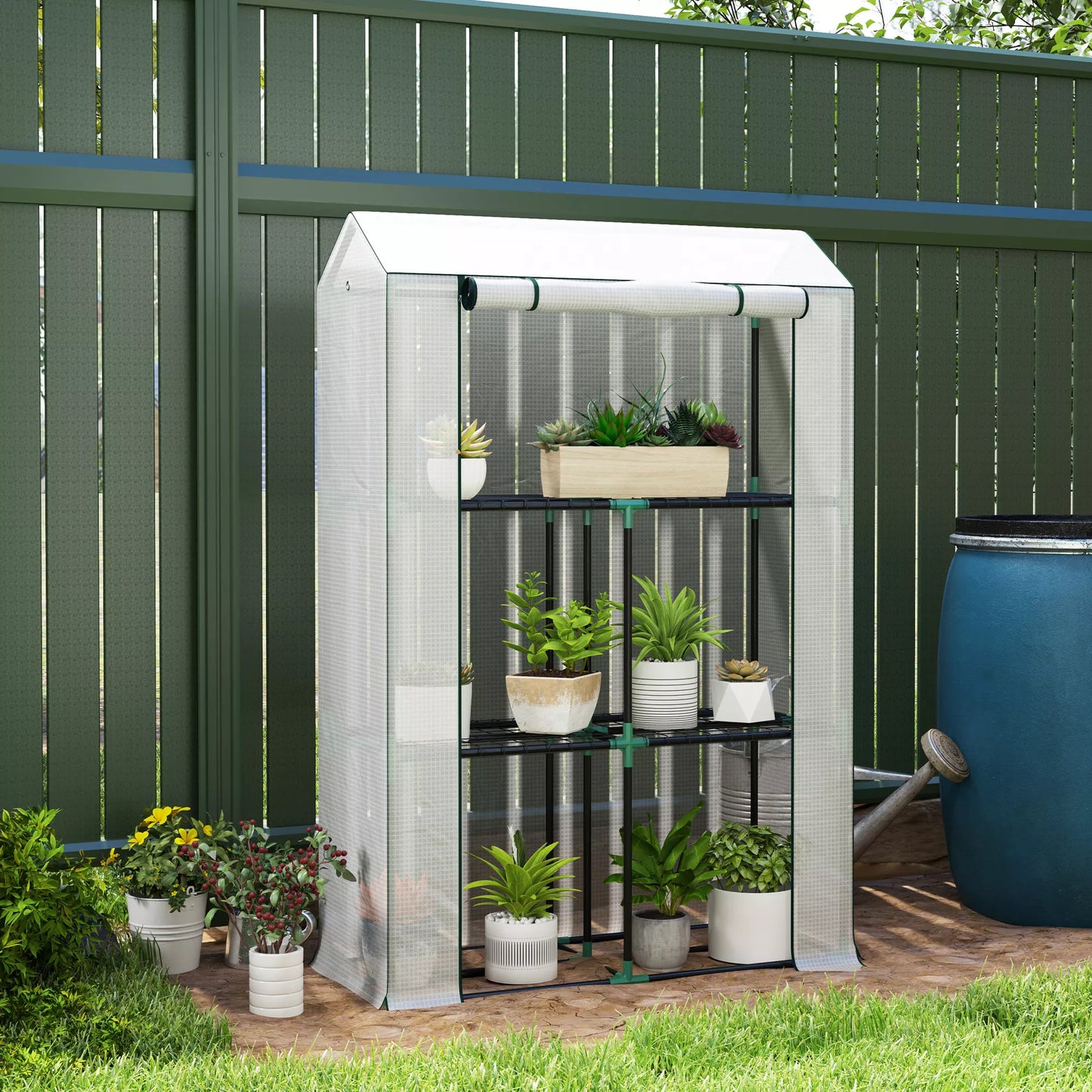 Šiltnamis su 3 pakopų lentyna, UV spinduliams atspariu plastikiniu dangčiu, ritininėmis durimis, 100 x 40 x 150 cm, baltas