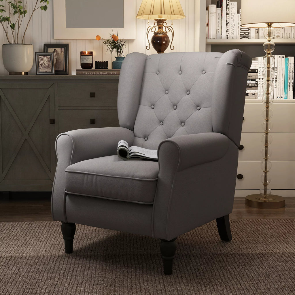 Ausų krėslas Krėslas su tuftingu, aukštu atlošu, paminkštintas Poilsio krėslas su apvaliais porankiais, medinėmis kojomis, skirtas miegamajam, svetainei, iki 160 kg, pilkos spalvos