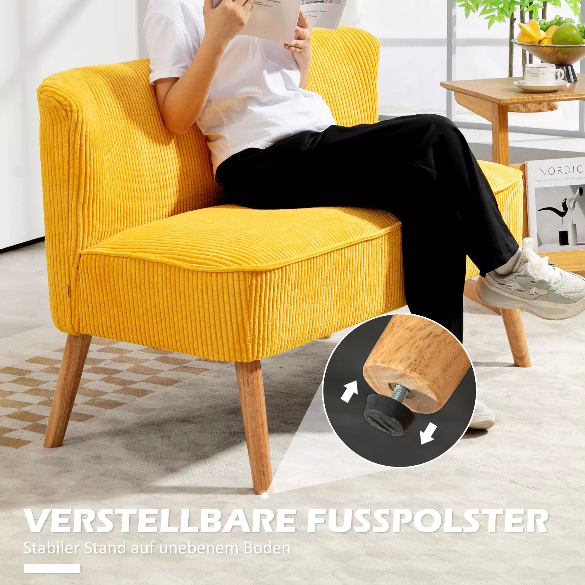 Sofa dvivietė, skandinaviško stiliaus, iki 150 kg, geltona, 117 x 56,5 x 77 cm
