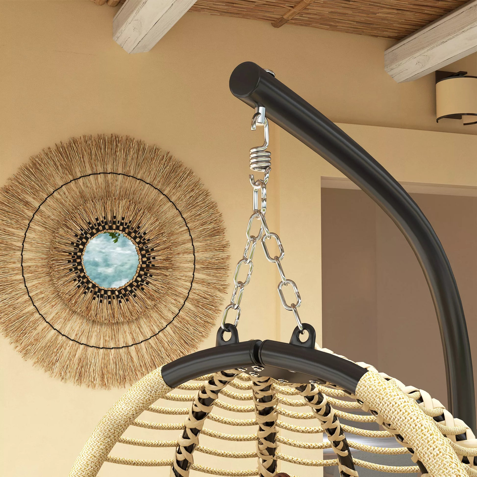 Kabinamas krėslas su stovu, kiaušinio formos sūpynės su puodelių laikikliu, plienas ir tekstilė, 101x101x188 cm, smėlio