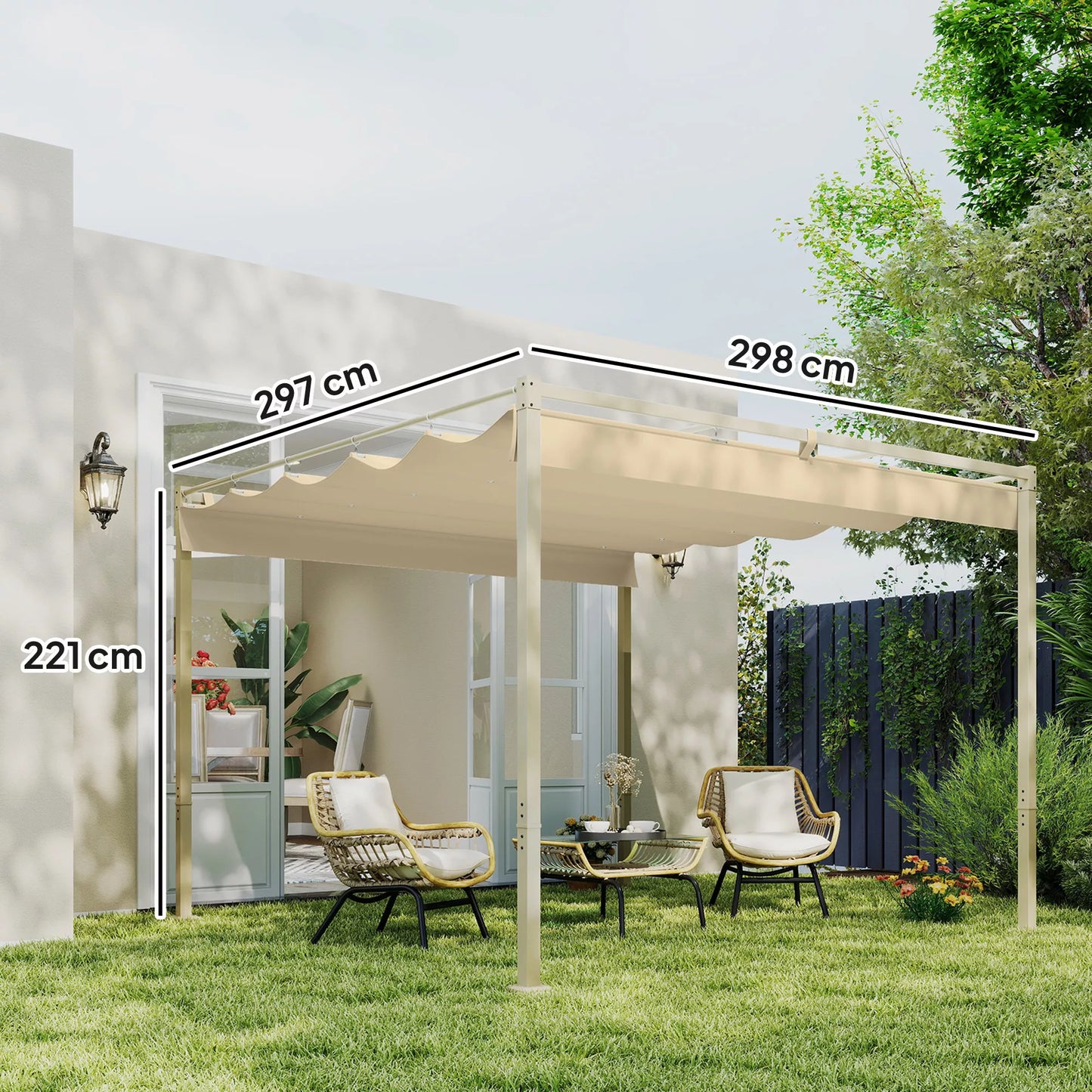 3 x 3 m sodo pergola su ištraukiamu stogu, paviljonas, baldakimas šešėliui, UPF30+, chaki