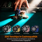 Pokerio žetonų rinkinys lagaminėlyje, su kauliukais, dalintojo mygtuku, 2 kortų kaladėmis, sidabro spalvos