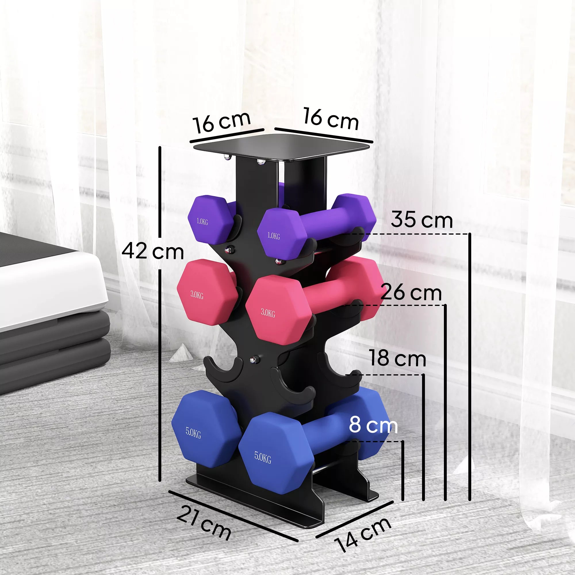 Hantelių rinkinys 3 poros hantelių su laikymo stovu, neslystantis rankena, 1–5 kg, šešiakampiai