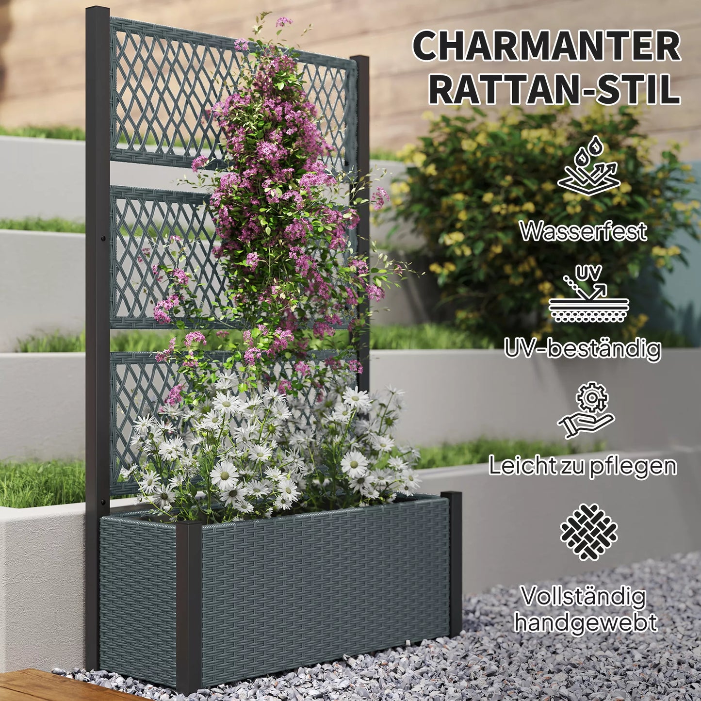 Aukštas gėlių vazonas su rotango imitacijos grotelėmis Gėlių dėžė su atrama 90 x 35 x 148 cm Tamsiai pilka