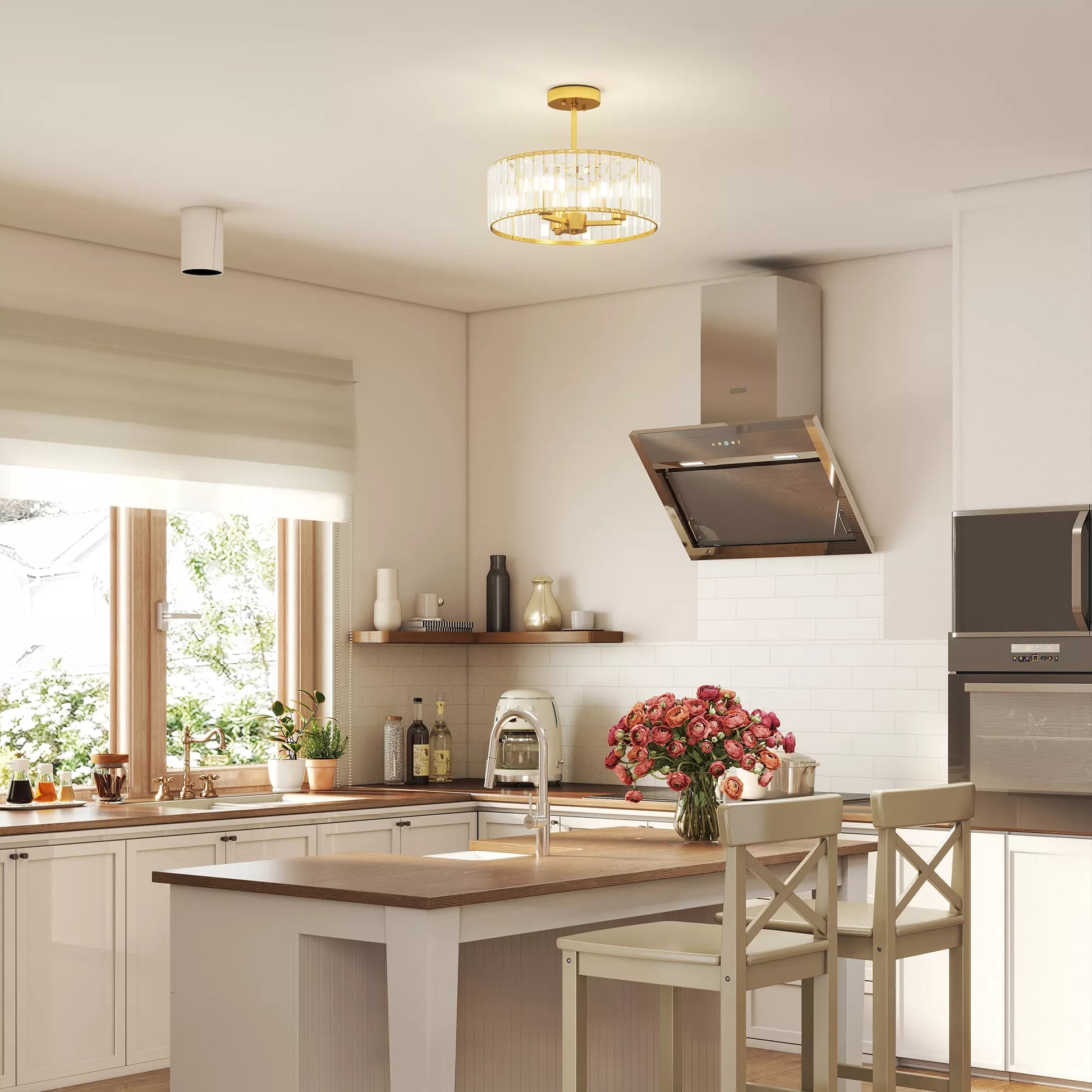 Sieninis šviestuvas, šviestuvas-sąvaros dizainas, kristalinis gaubtas, 3 lemputės, metalas, aukso spalvos