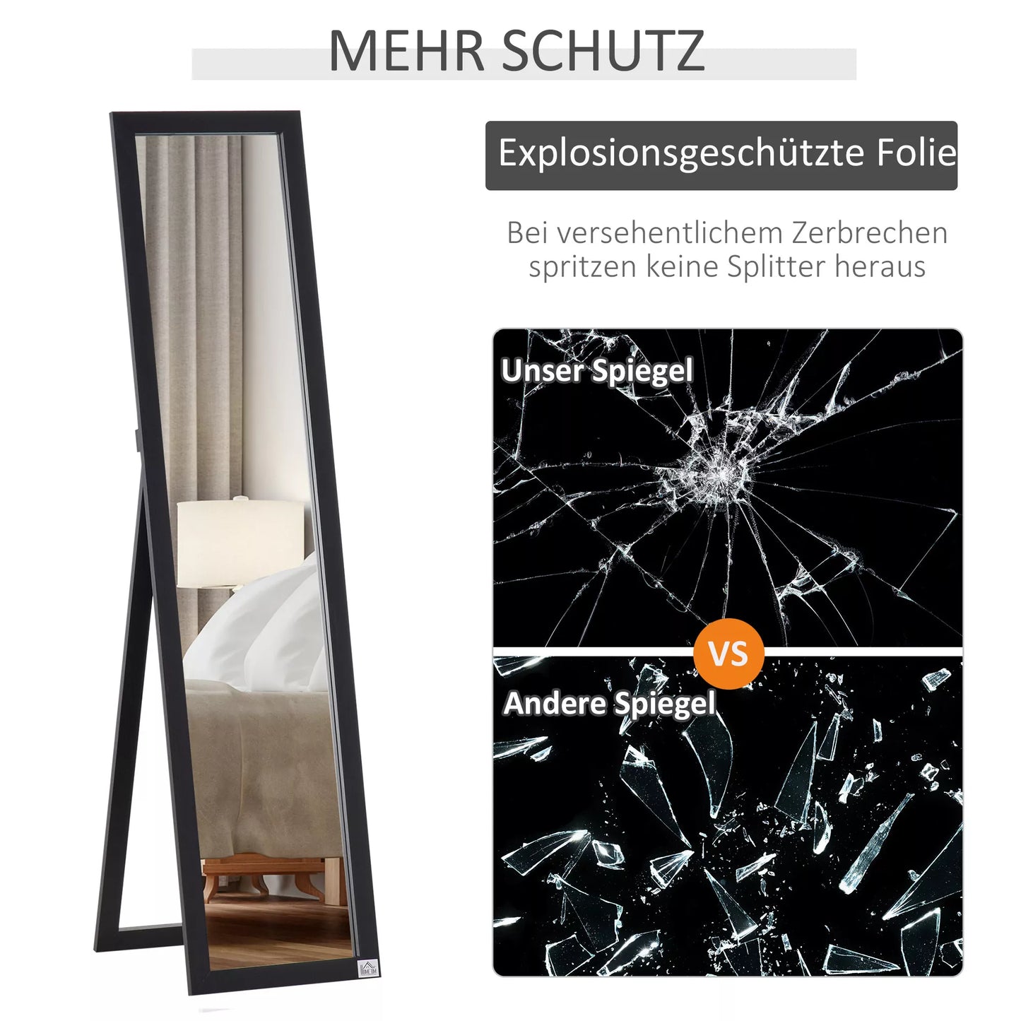 Pastatomas viso kūno veidrodis, sieninis tvirtinimas, MDF rėmas, 37 x 37 x 154 cm, Juodas