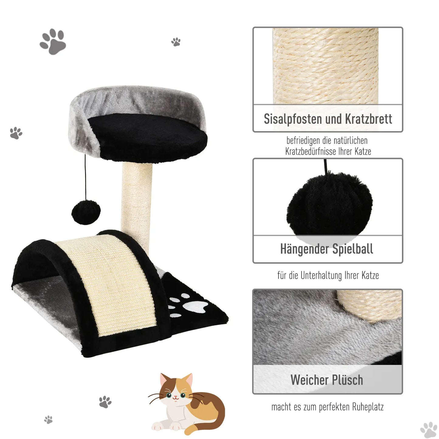 Katės draskyklė su žaidimo kamuoliukais, su sizalinės virvės draskomosiomis atramomis, juoda spalva, 35,5 x 37 x 46 cm