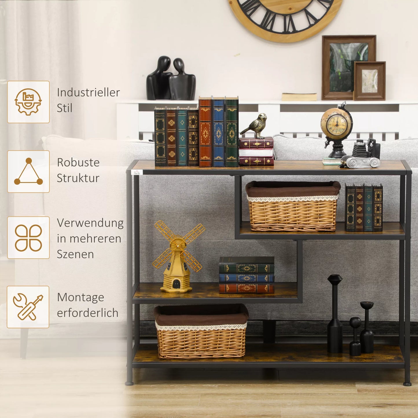 Lentyna, konsolinis staliukas, pramoninio dizaino, 4 lentynos, plieno rėmas, 99,6 x 33,6 x 74 cm