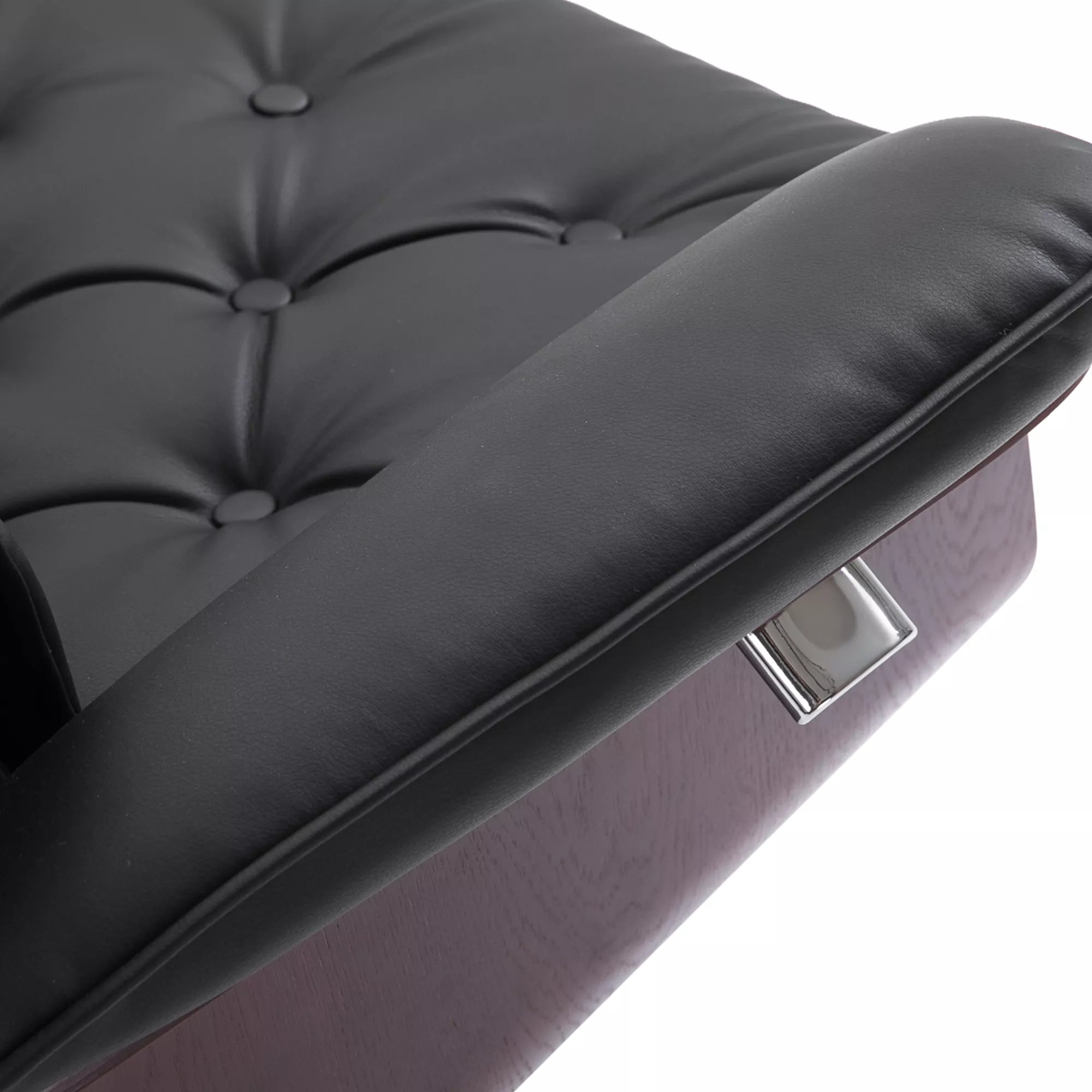 Atpalaiduojantis fotelis su taburete Televizijos fotelis Minkštas fotelis 360° pasukamas 145° pakreipiamas Retro dizainas Chesterfield PU apmušalas Medinis apmušalas Metalinė bazė Juodas 82 x 83 x 110 cm
