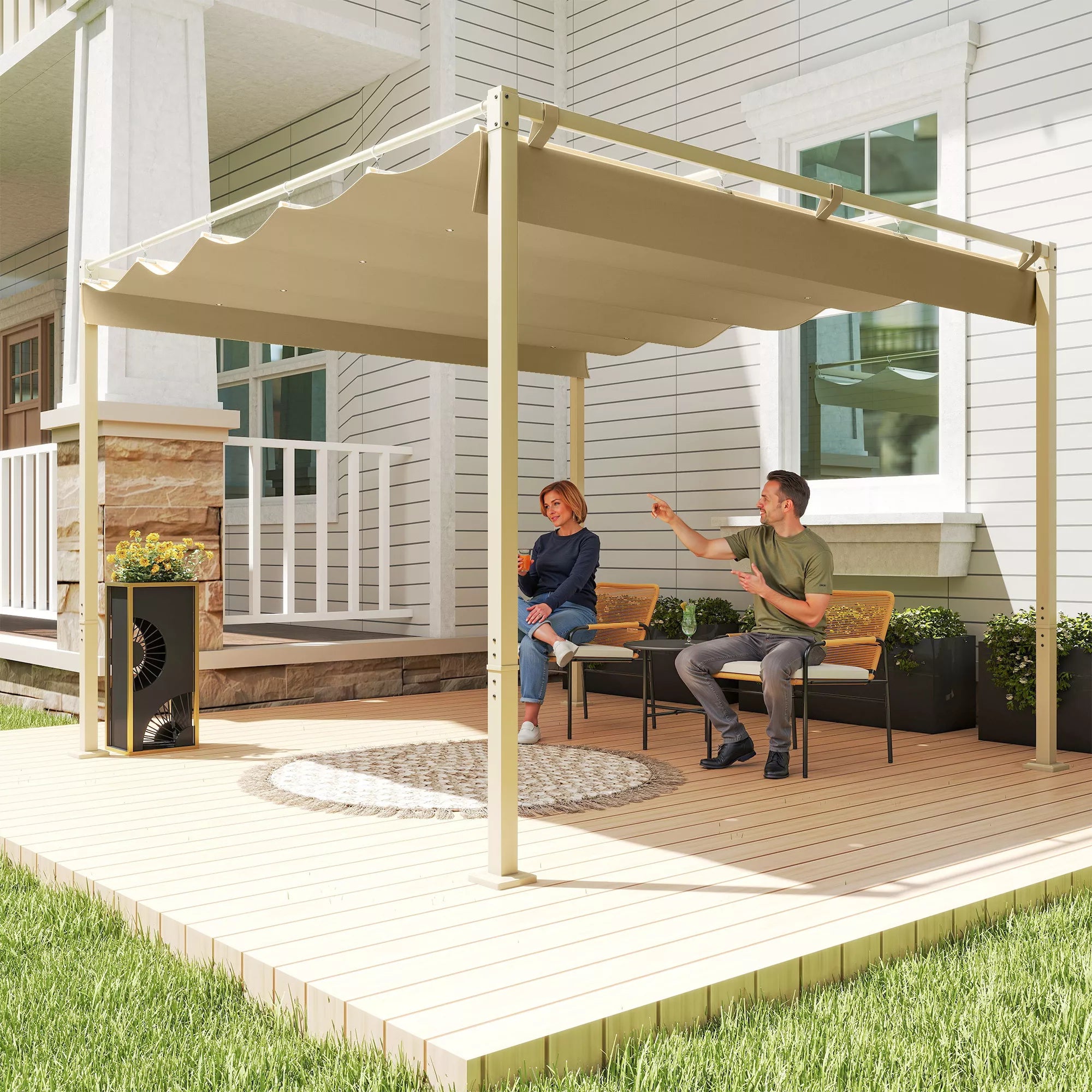 3 x 3 m sodo pergola su ištraukiamu stogu, paviljonas, baldakimas šešėliui, UPF30+, chaki
