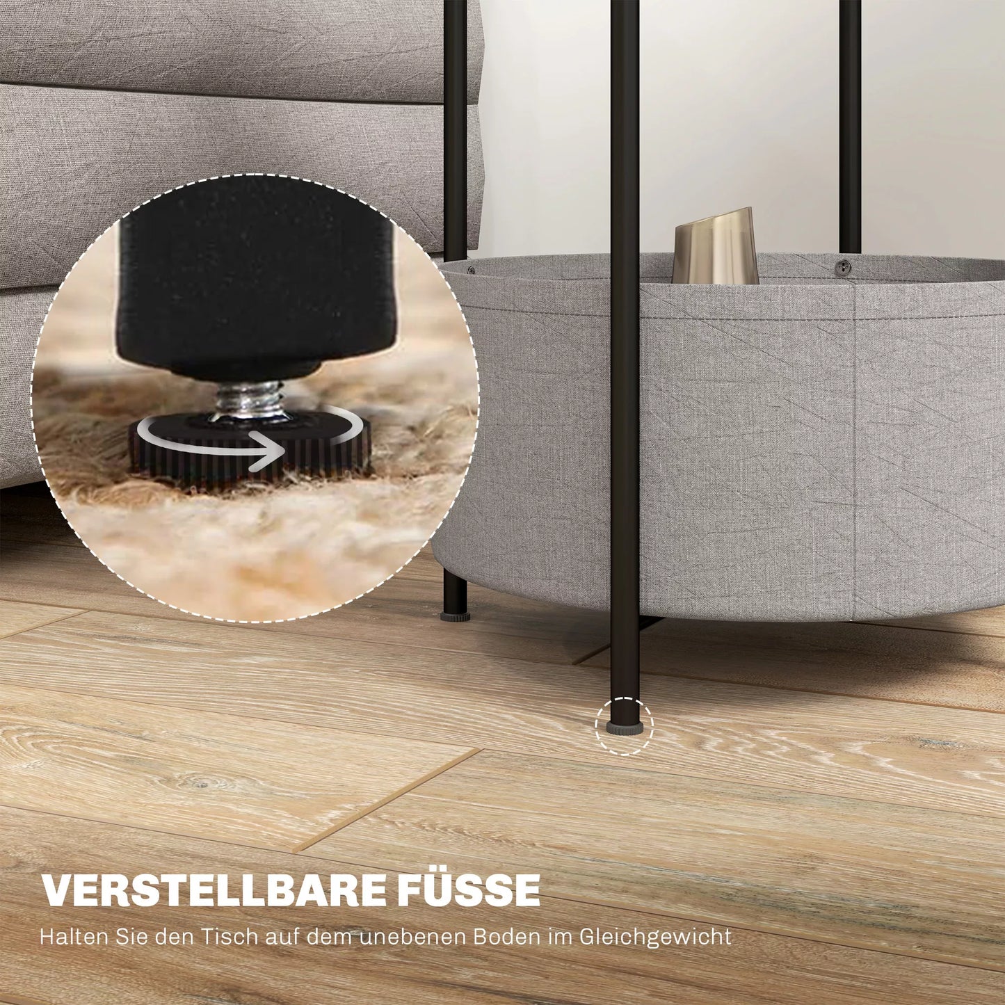 Apvalus staliukas su medžiaginiu krepšiu, 2 pakopų kavos staliukas svetainei, miegamajam, mažoms erdvėms, metalas, pilka+balta