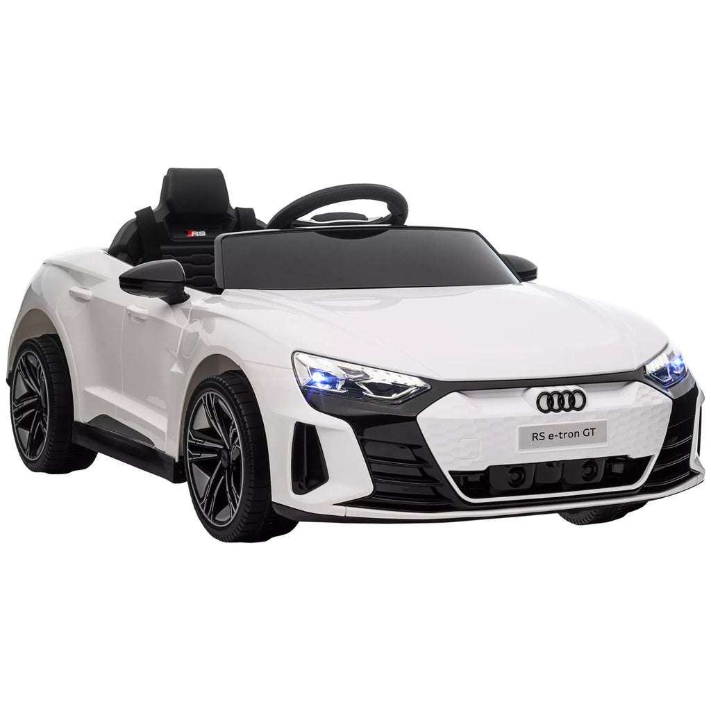 Vaikų elektrinis automobilis „Audi RS e-tron GT“ su saugos diržu, nuotolinio valdymo pultu, žibintais, muzikos funkcija, baltas, 103 x 58 x 41 cm