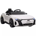 Vaikų elektrinis automobilis „Audi RS e-tron GT“ su saugos diržu, nuotolinio valdymo pultu, žibintais, muzikos funkcija, baltas, 103 x 58 x 41 cm